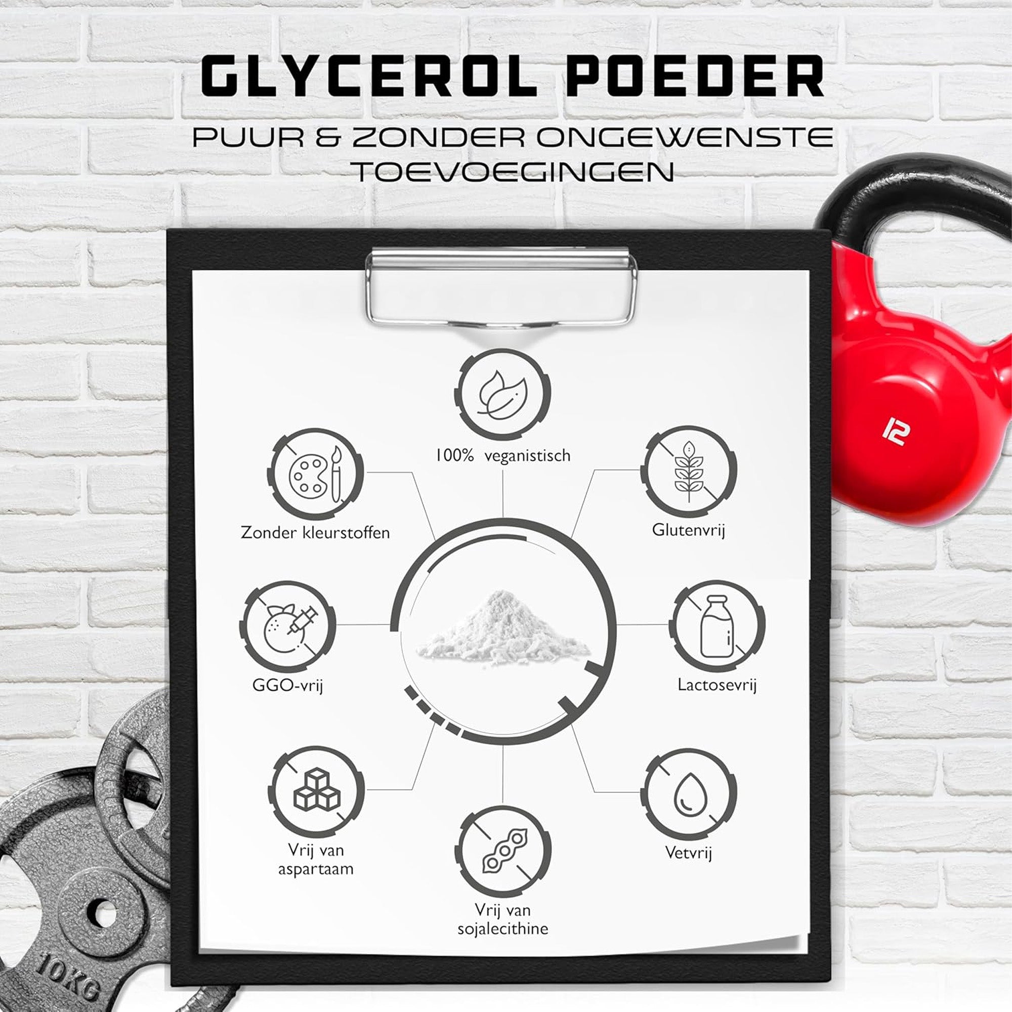 Productverpakking GlycoPump: "GlycoPump® glycerol poeder verpakking - premium kwaliteit, 300g met 100 servings, smaakloos en vegan."