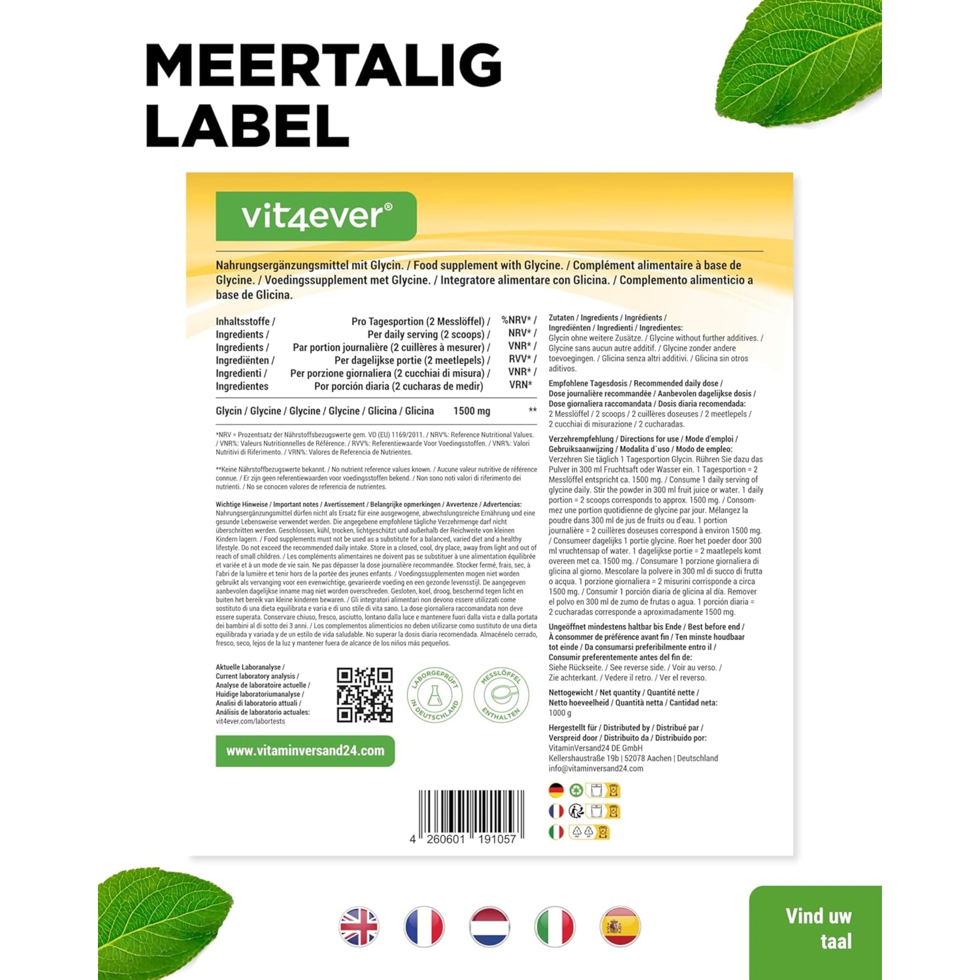 Glycine poeder 100% puur | 1kg | Vit4ever