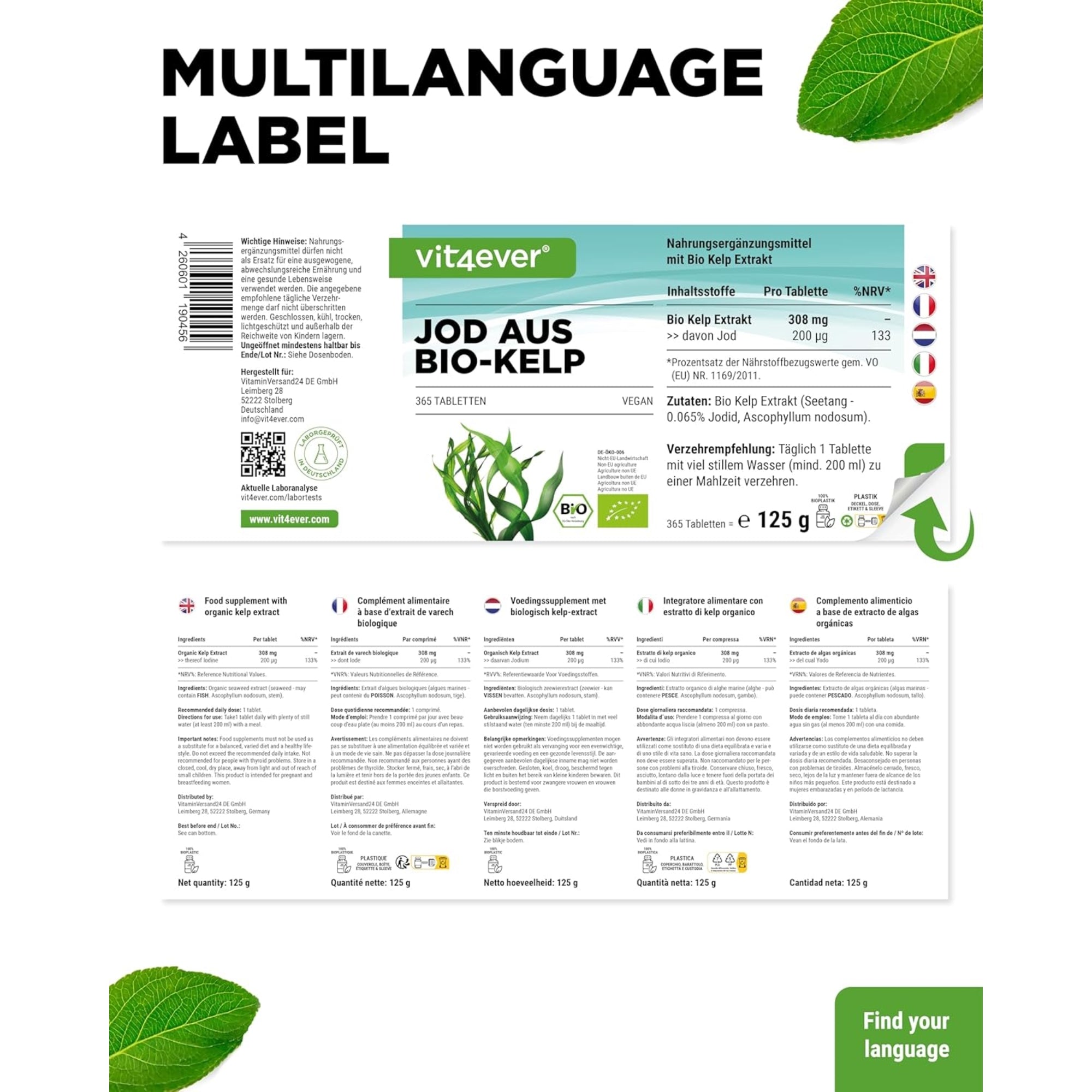 Jodium uit Bio Kelp 200µg | 365 tabletten | Vit4ever