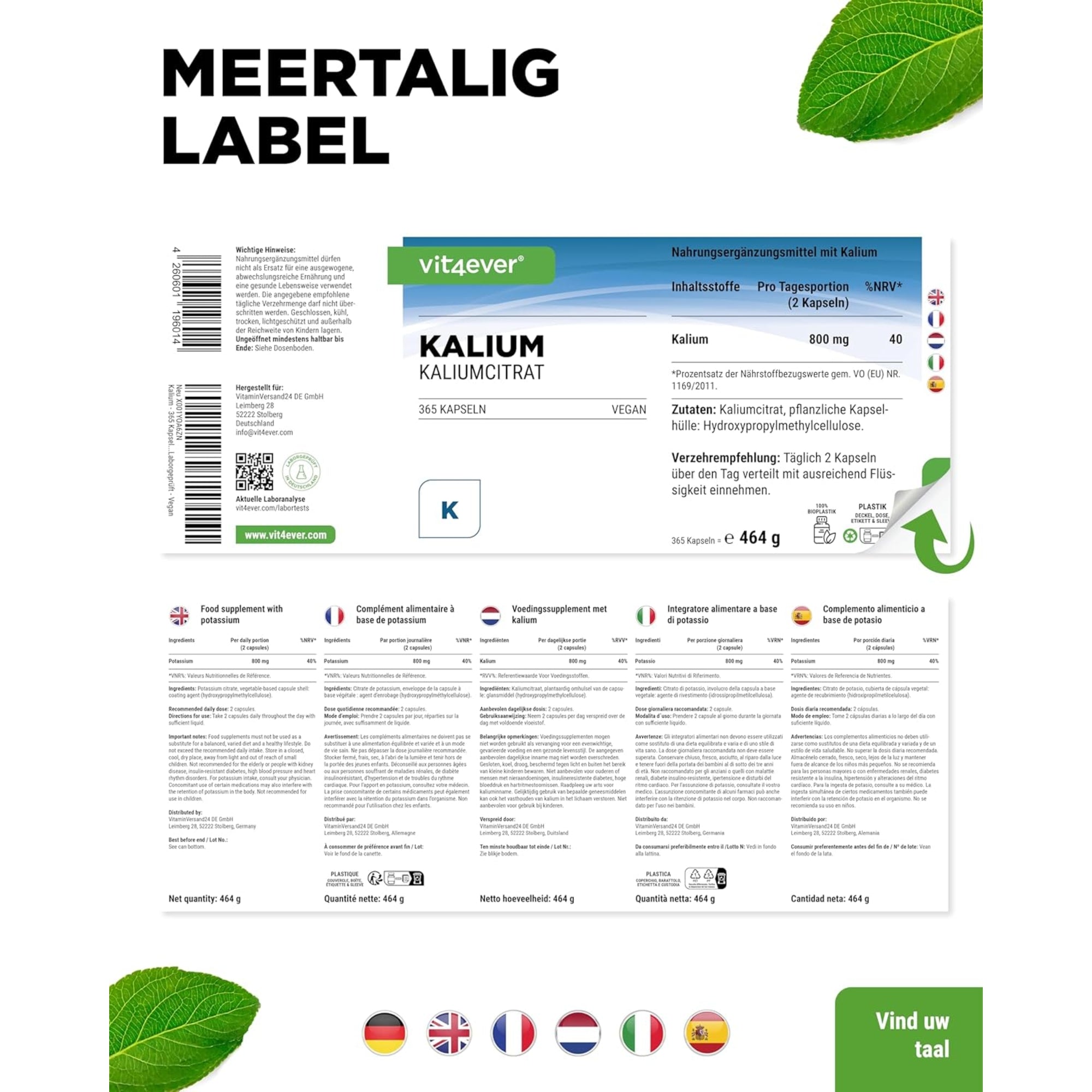Kaliumcitraat 800mg | 365 capsules | Vit4ever