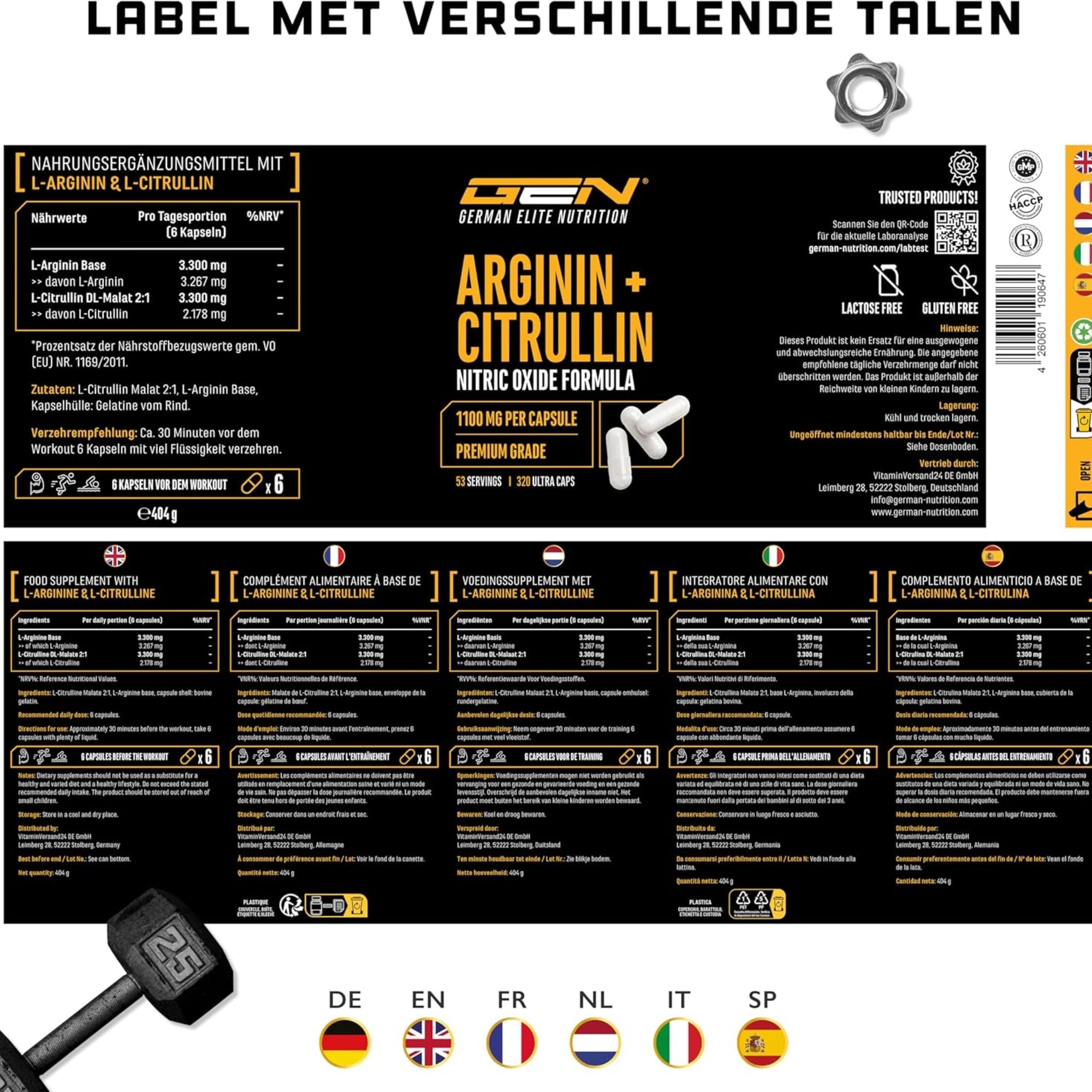 Arginine + Citrulline 6600mg | 320 Capsules | German Elite Nutrition