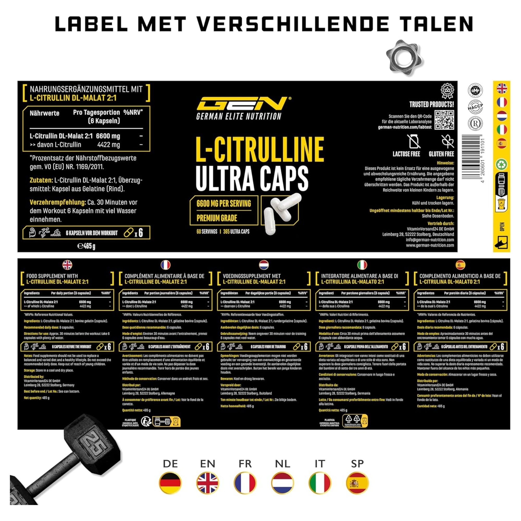 L-Citrulline Ultra Caps 6600mg | 365 capsules | German Elite Nutrition