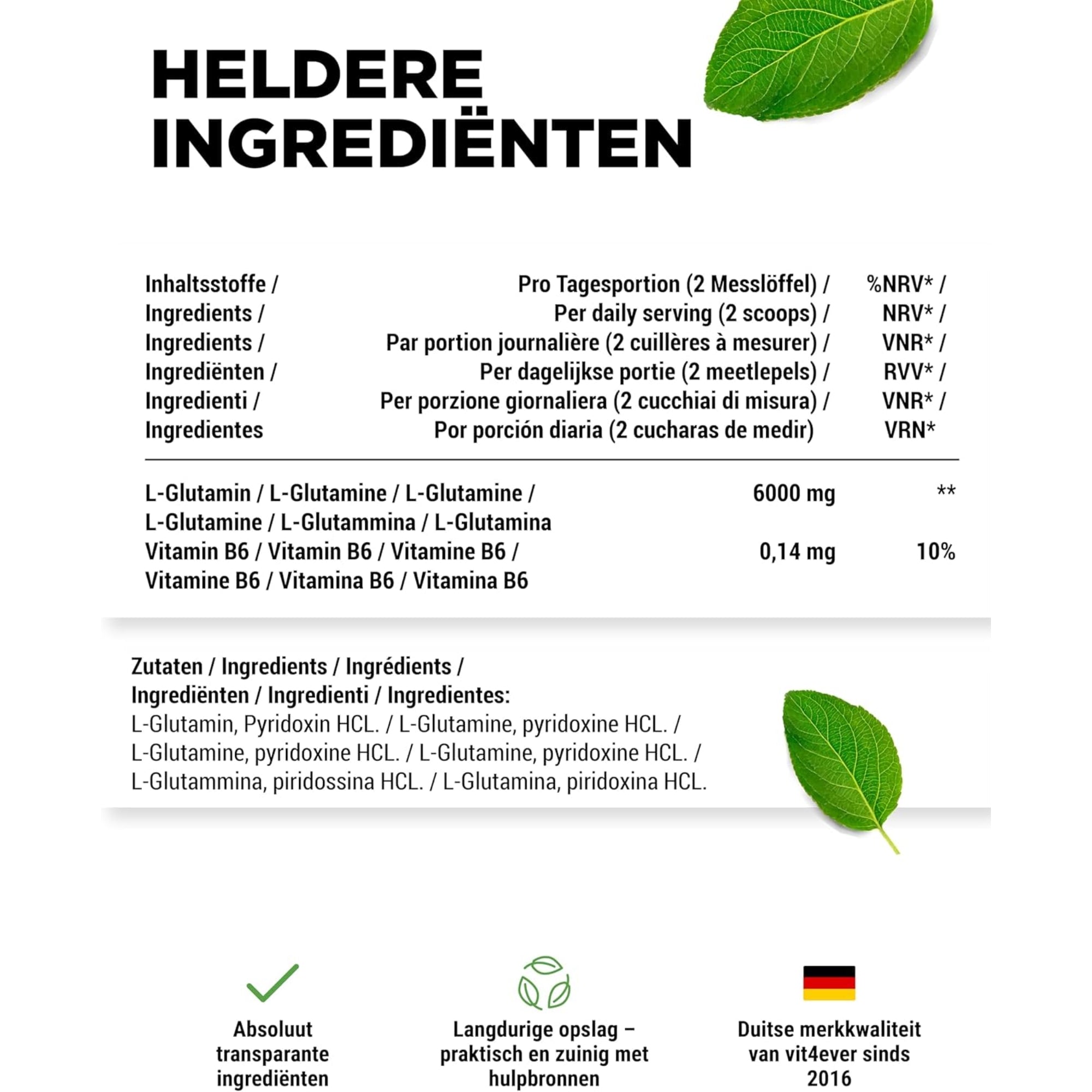 L-Glutamin-Pulver 6000 mg + Vitamin B6 | 1000 g | Vit4ever