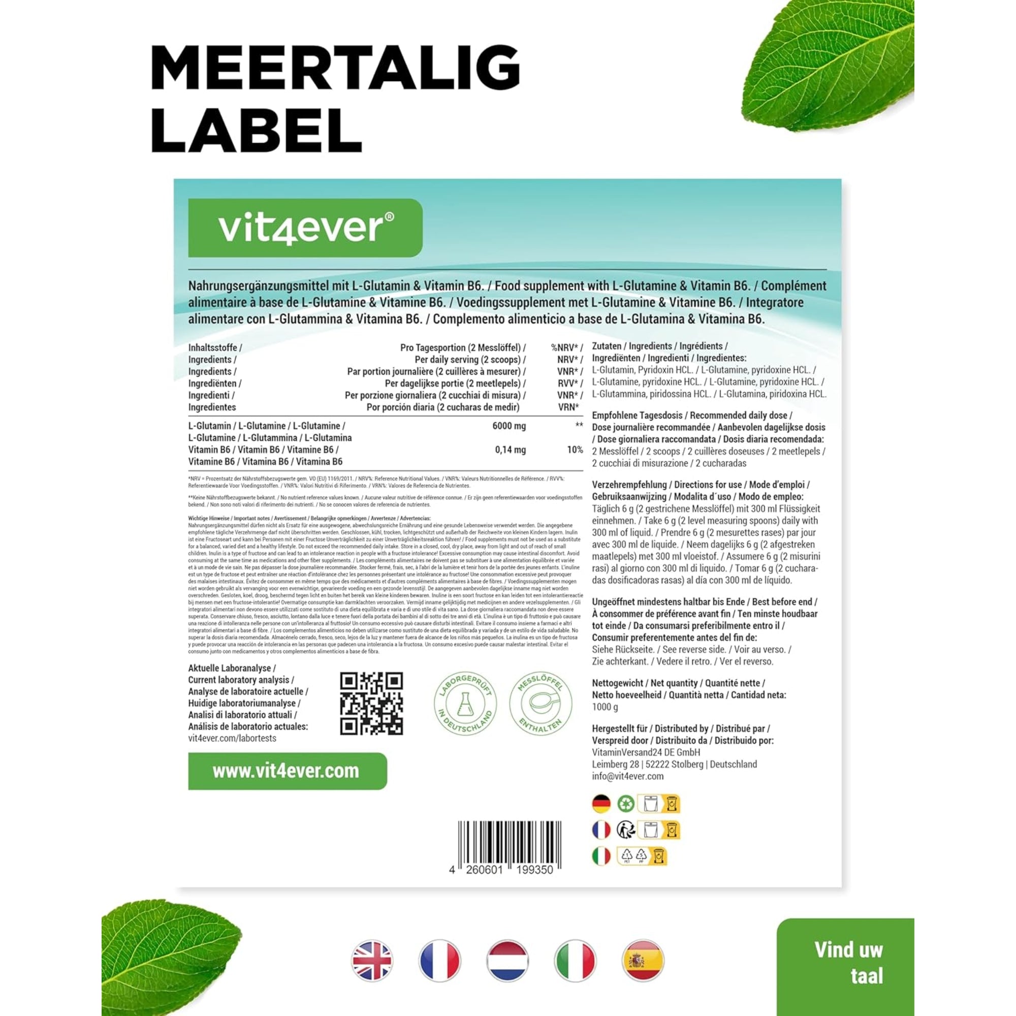 L-Glutamin-Pulver 6000 mg + Vitamin B6 | 1000 g | Vit4ever