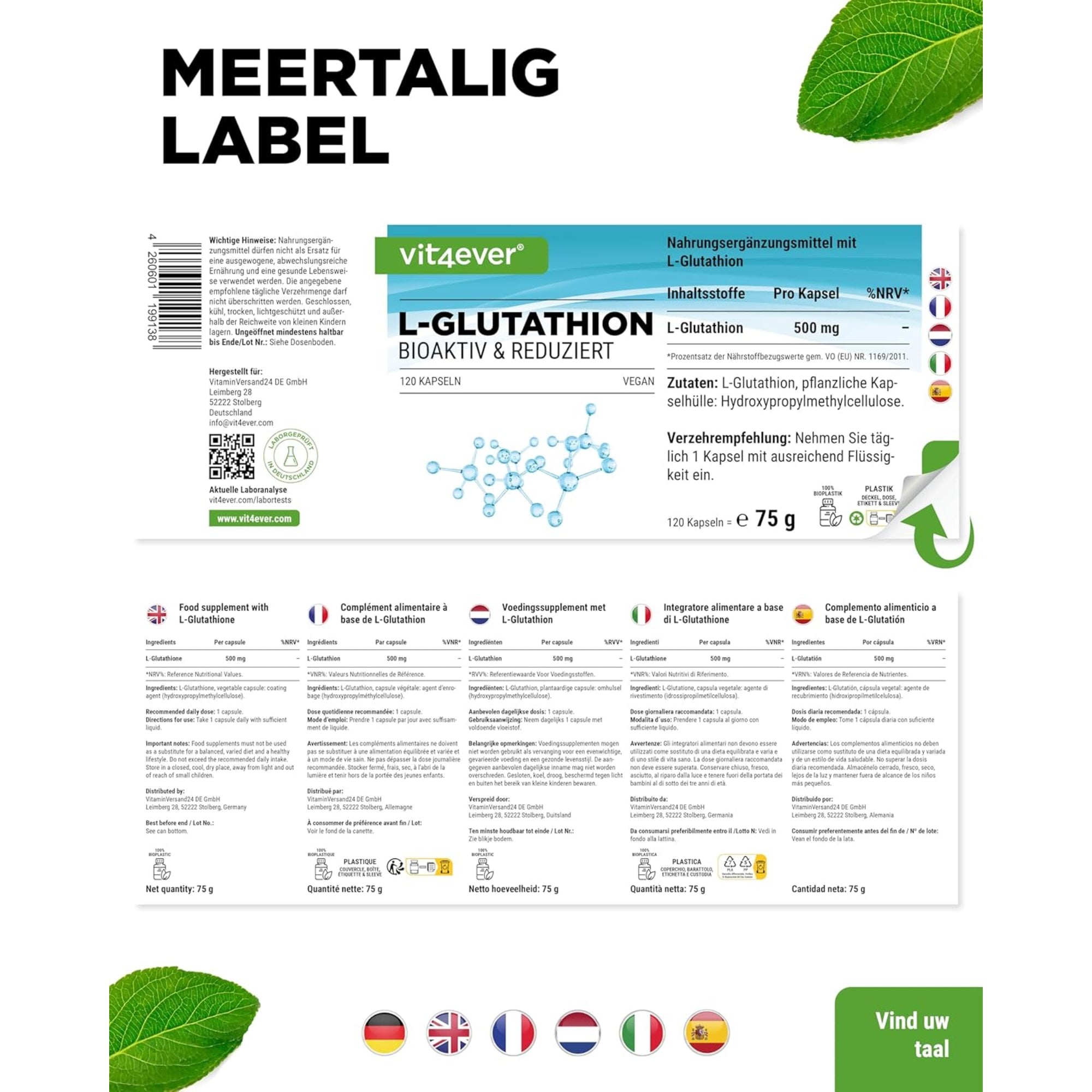 L-Glutathion (Reduced Glutathione) 500mg | 120 capsules | Vit4ever