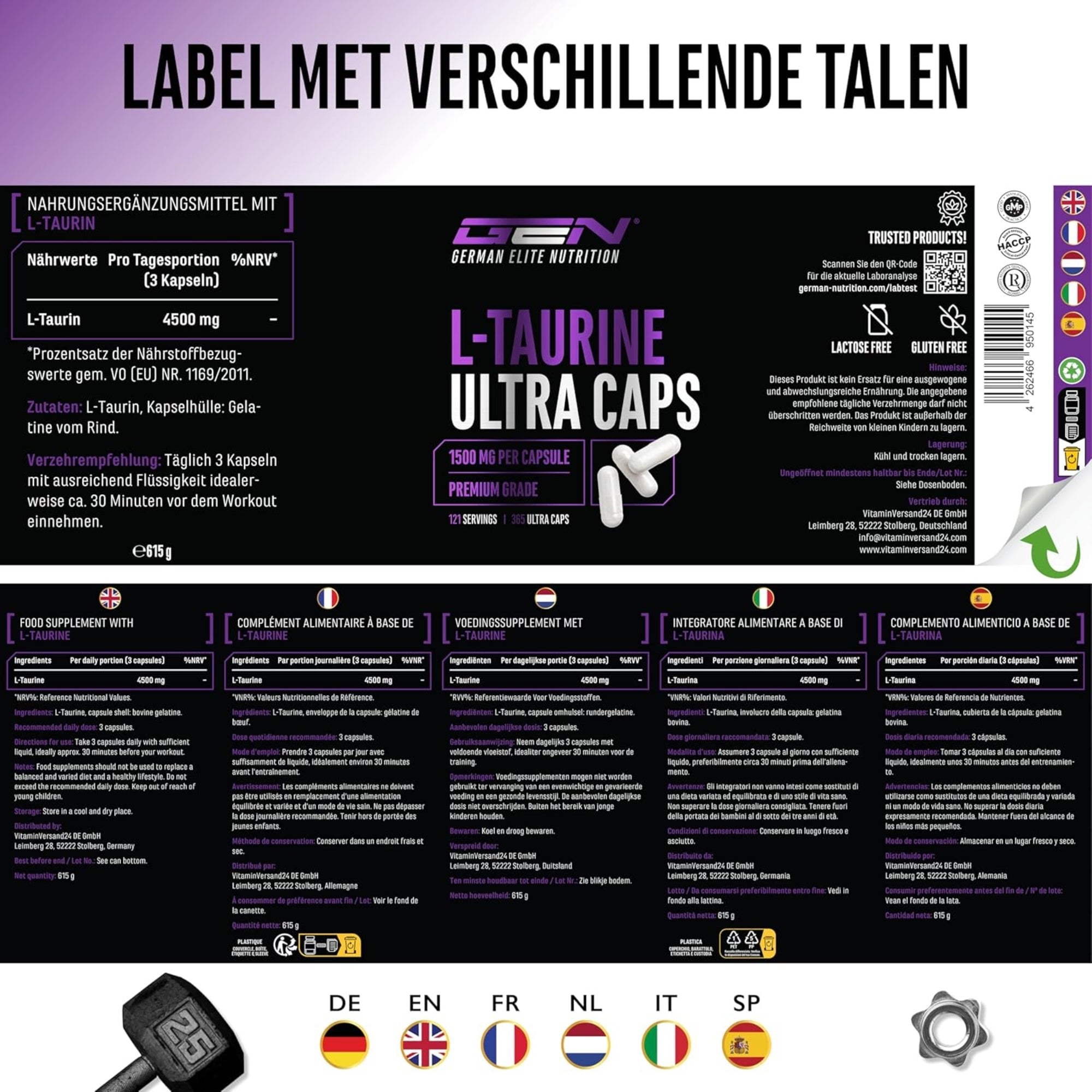 L-Taurine Ultra Caps 1500mg | 365 capsules | German Elite Nutrition