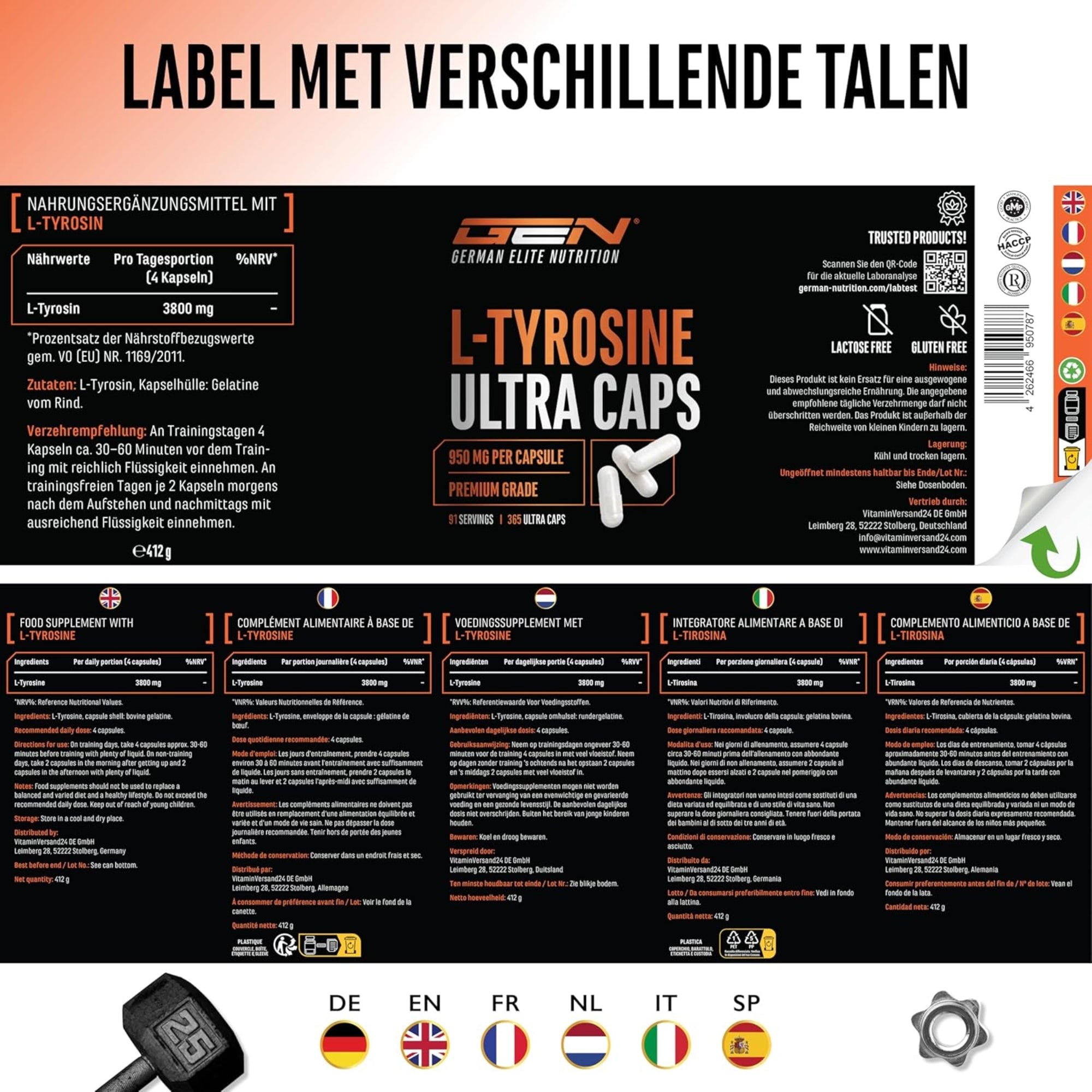 L-Tyrosin Ultra 950 mg | 365 Kapseln | German Elite Nutrition