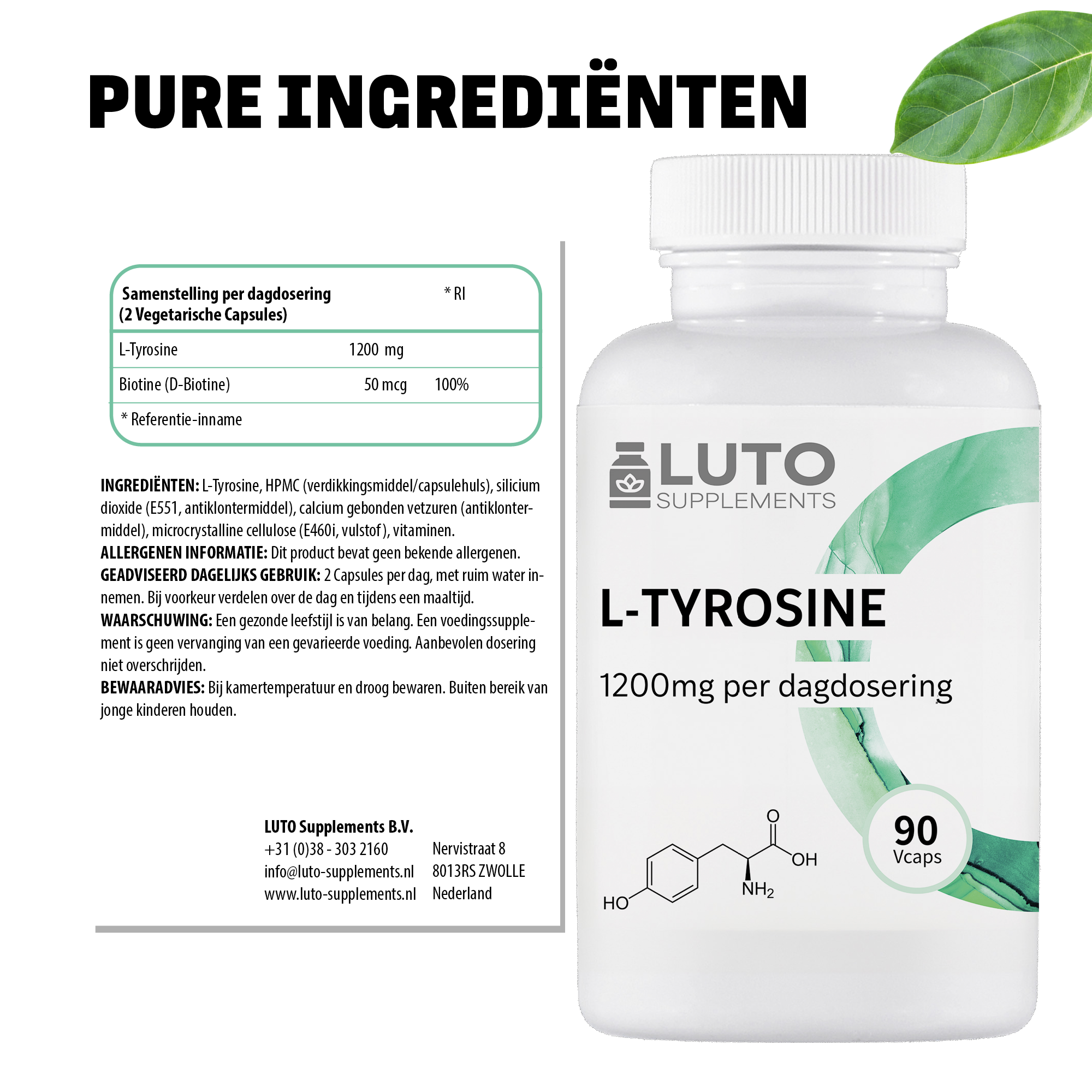 L-Tyrosine (L-Tyrosine + Biotine) 1200mg | 90 capsules | LUTO Supplements