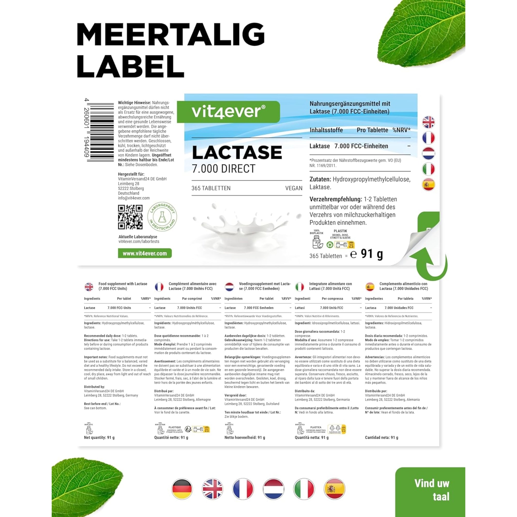 Lactase 7.000 FCC (Direkt) | 180 oder 365 Tabletten | Vit4ever