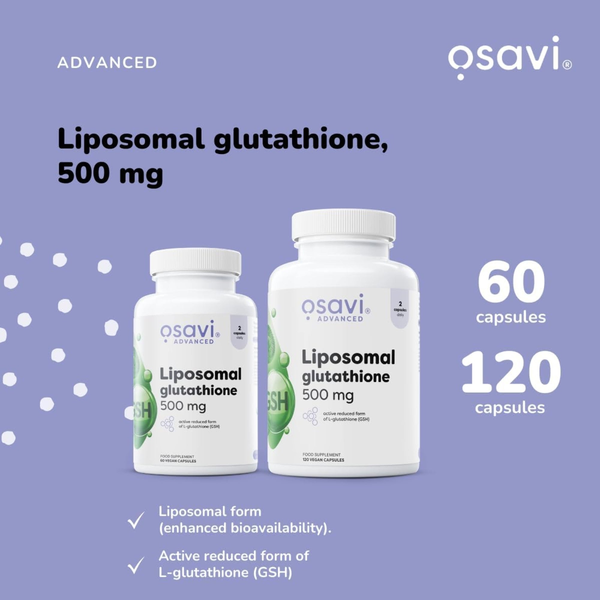 Osavi Liposomale Glutathion 500mg in 60 en 120 capsules - vergelijking verpakkingsformaten met liposomale opname