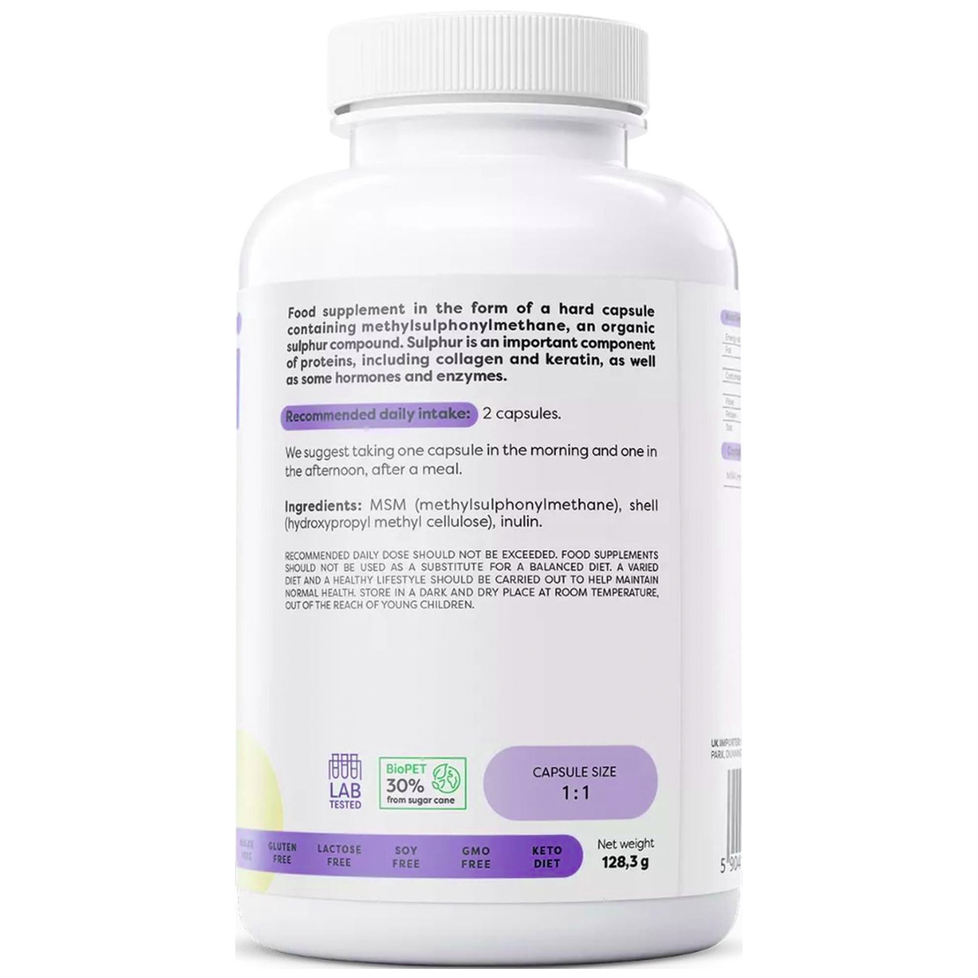 Achterkant Osavi MSM - ingrediënten en aanbevolen gebruik, 2 capsules per dag