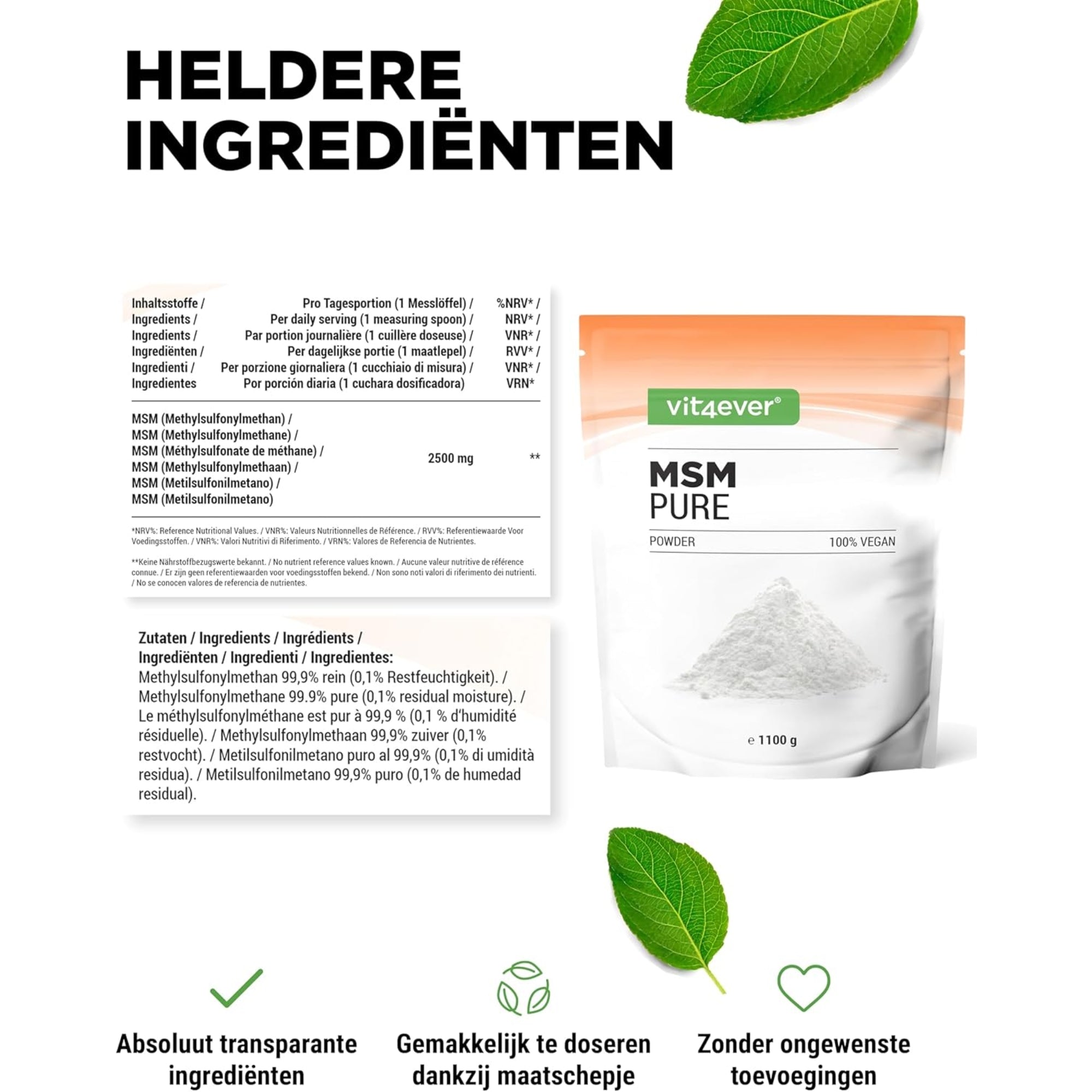 MSM-Pulver | Methylsulfonylmethan | 1,1 kg | 99,9 % rein | Vit4ever