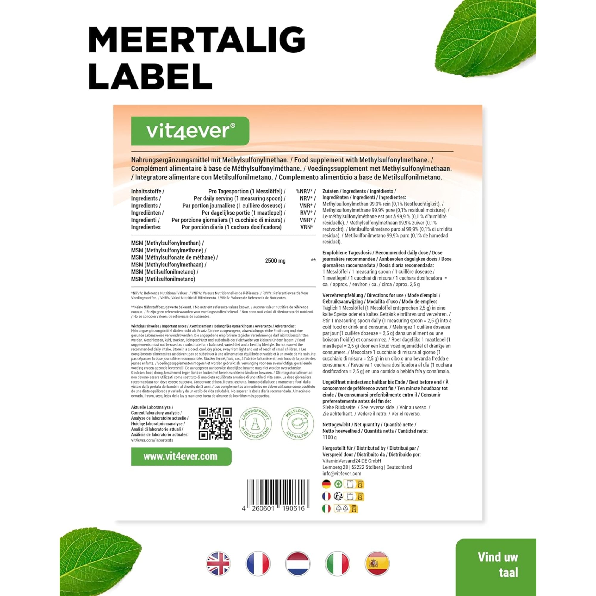 MSM-Pulver | Methylsulfonylmethan | 1,1 kg | 99,9 % rein | Vit4ever