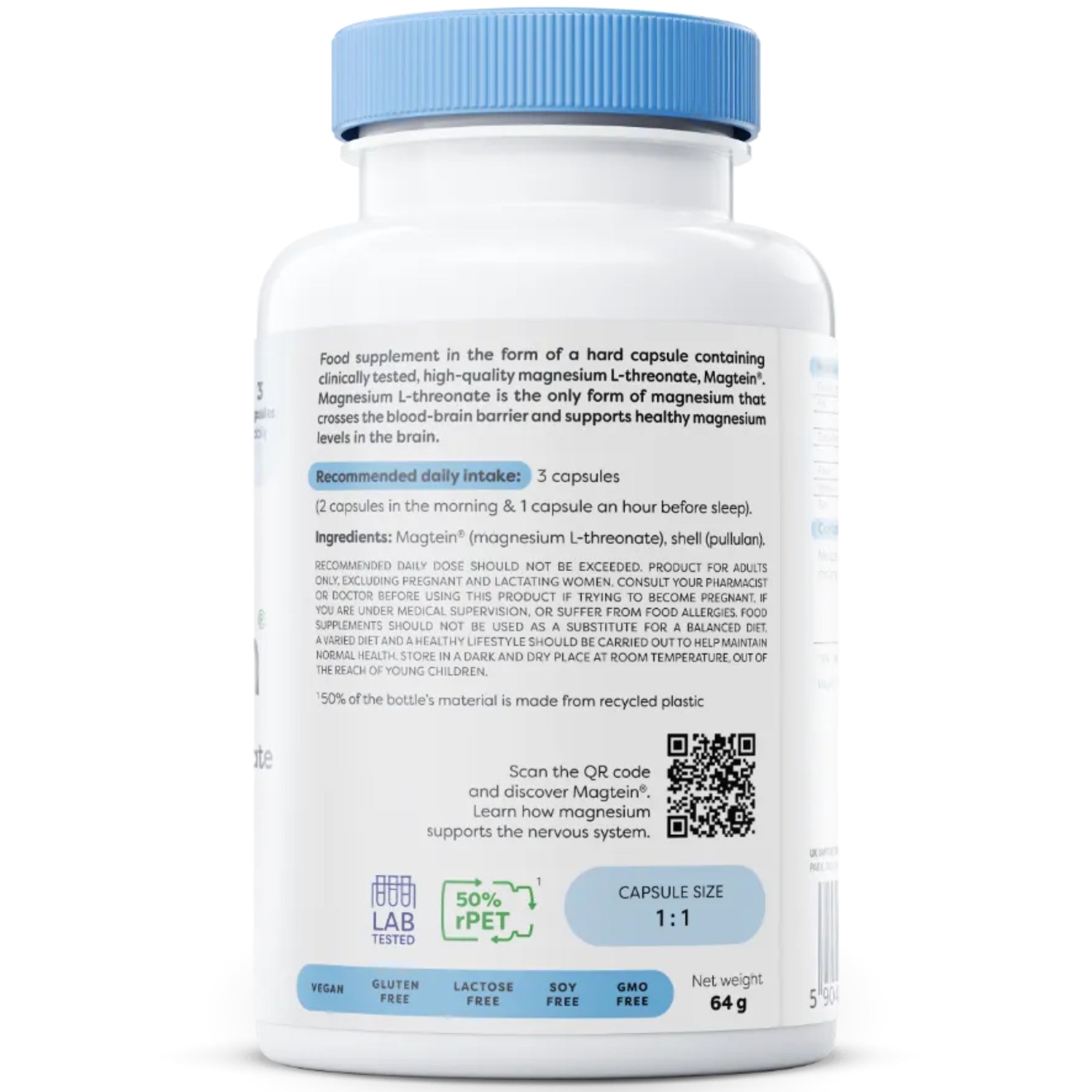 Achterkant Osavi Magnesium L-threonaat Magtein 90 capsules - ingrediënten en gebruik, 3 capsules per dag #Inhoud_90_capsules
