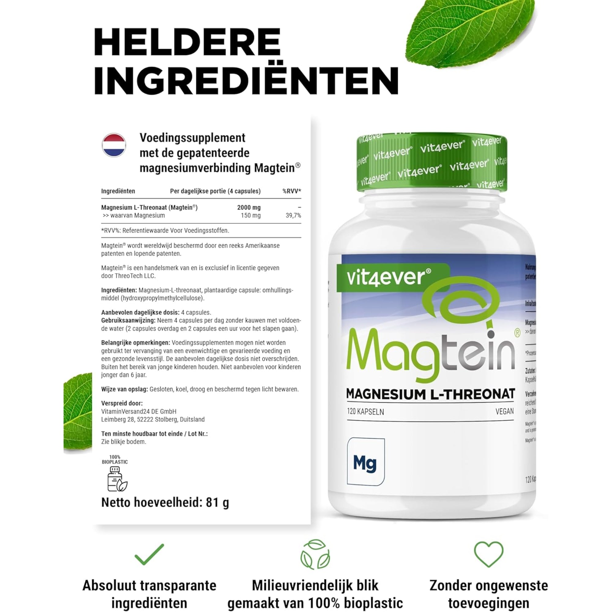 Magtein® Magnesium-L-Threonat | 120 Kapseln | Vit4ever