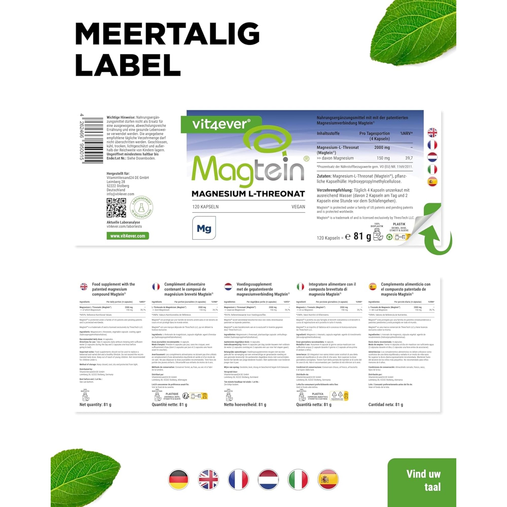 Magtein® Magnesium-L-Threonat | 120 Kapseln | Vit4ever