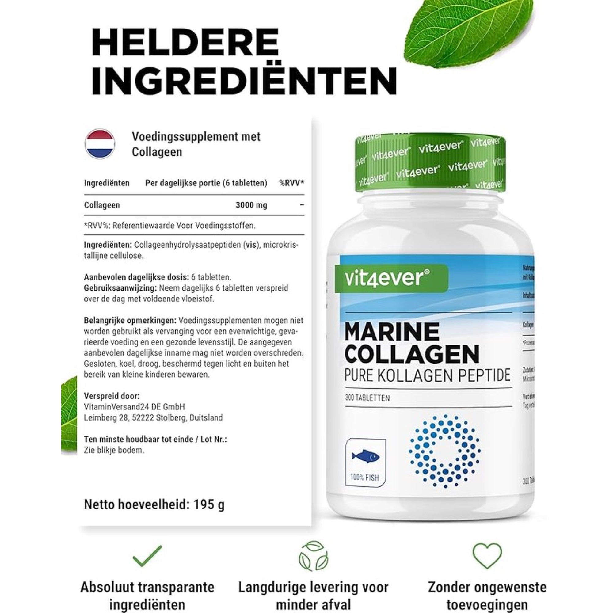 Marine Collageen 3000mg (Vis collageen) | 300 Tabletten | Vit4ever