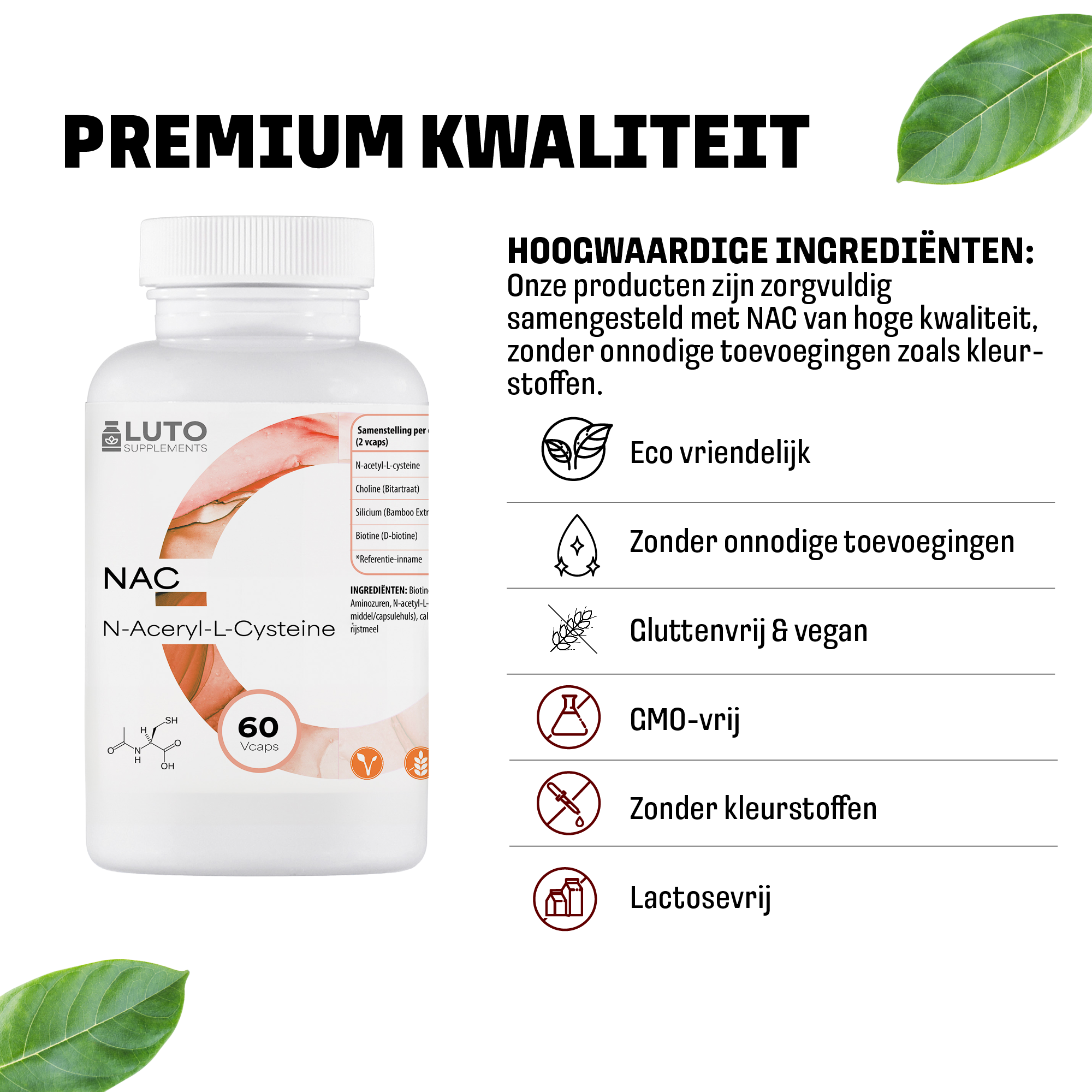 LUTO NAC complex vergelijking - 900mg N-Acetyl-L-Cysteïne met choline, biotine, vegan en GMP gecertificeerd