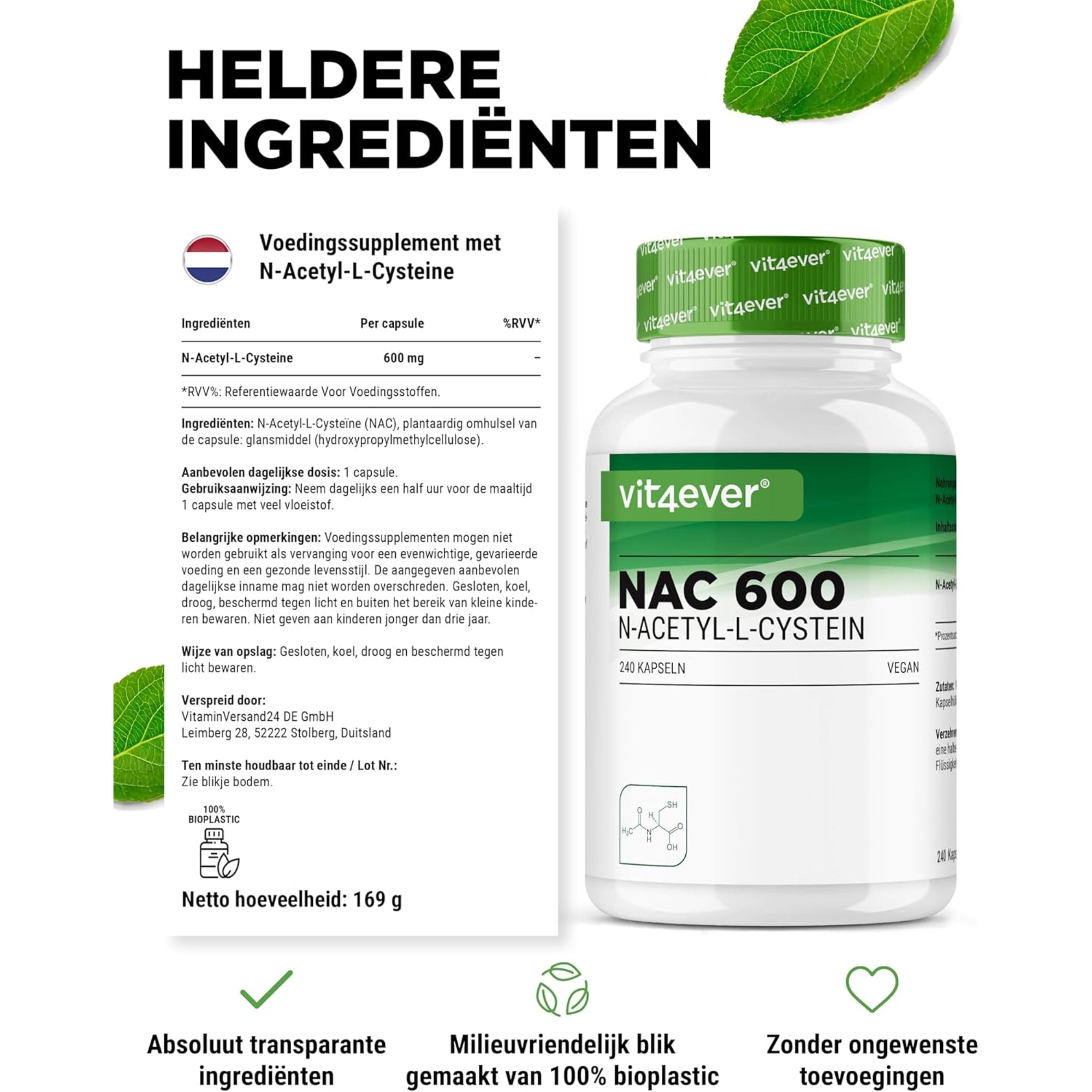 NAC | N-Acetyl L-Cysteïne 180 capsules | 600 mg | 6 maanden voorraad | Veganistisch | Hoog gedoseerd | Vit4ever