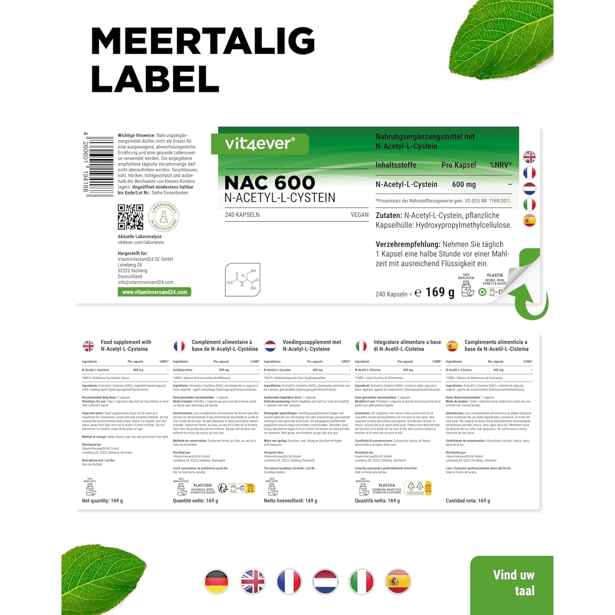 NAC | N-Acetyl L-Cysteïne 180 capsules | 600 mg | 6 maanden voorraad | Veganistisch | Hoog gedoseerd | Vit4ever