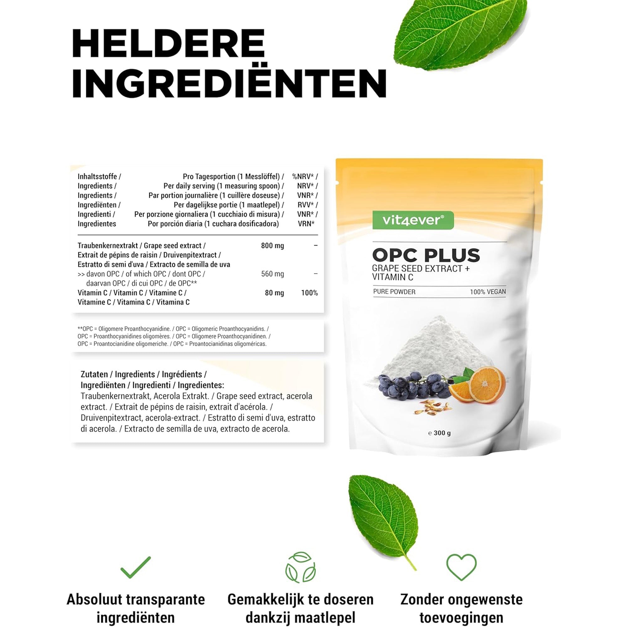Vit4ever OPC Druivenpitextract + Vitamine C Poeder - productverpakking