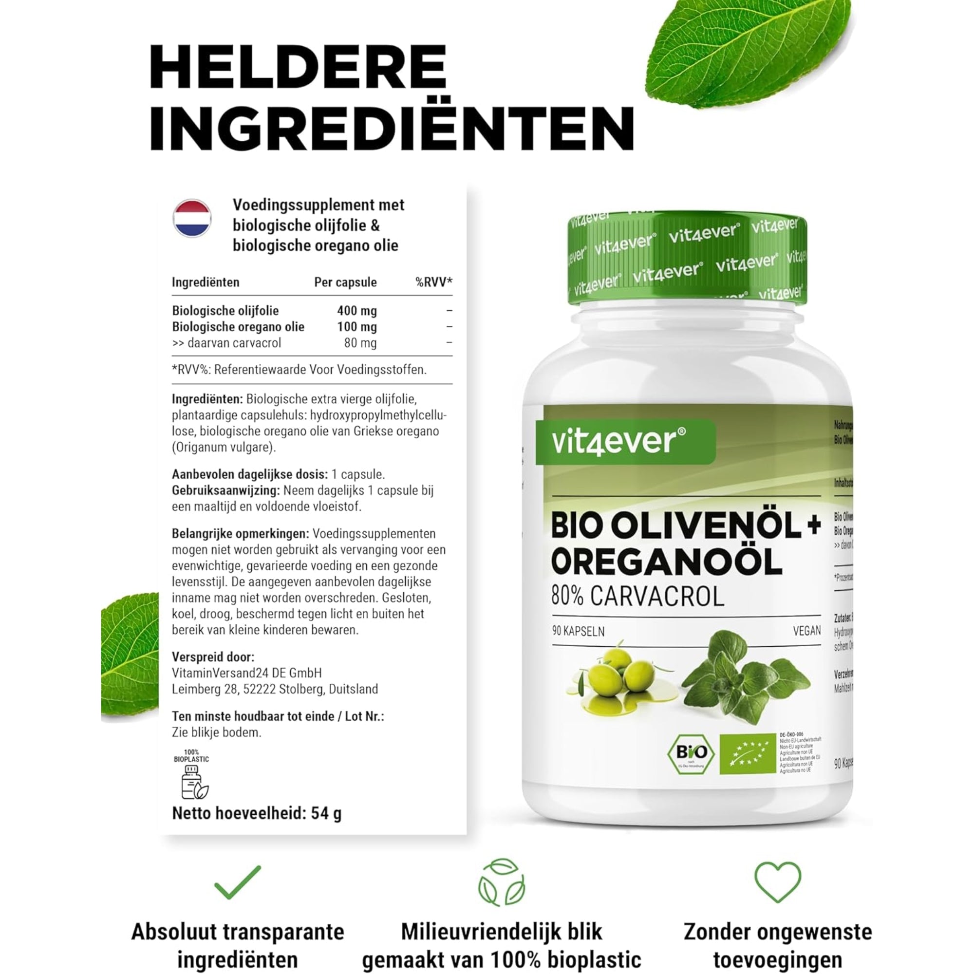 Bio Olijfolie + Oregano-olie (Carvacrol 80mg) | 90 capsules | Vit4ever