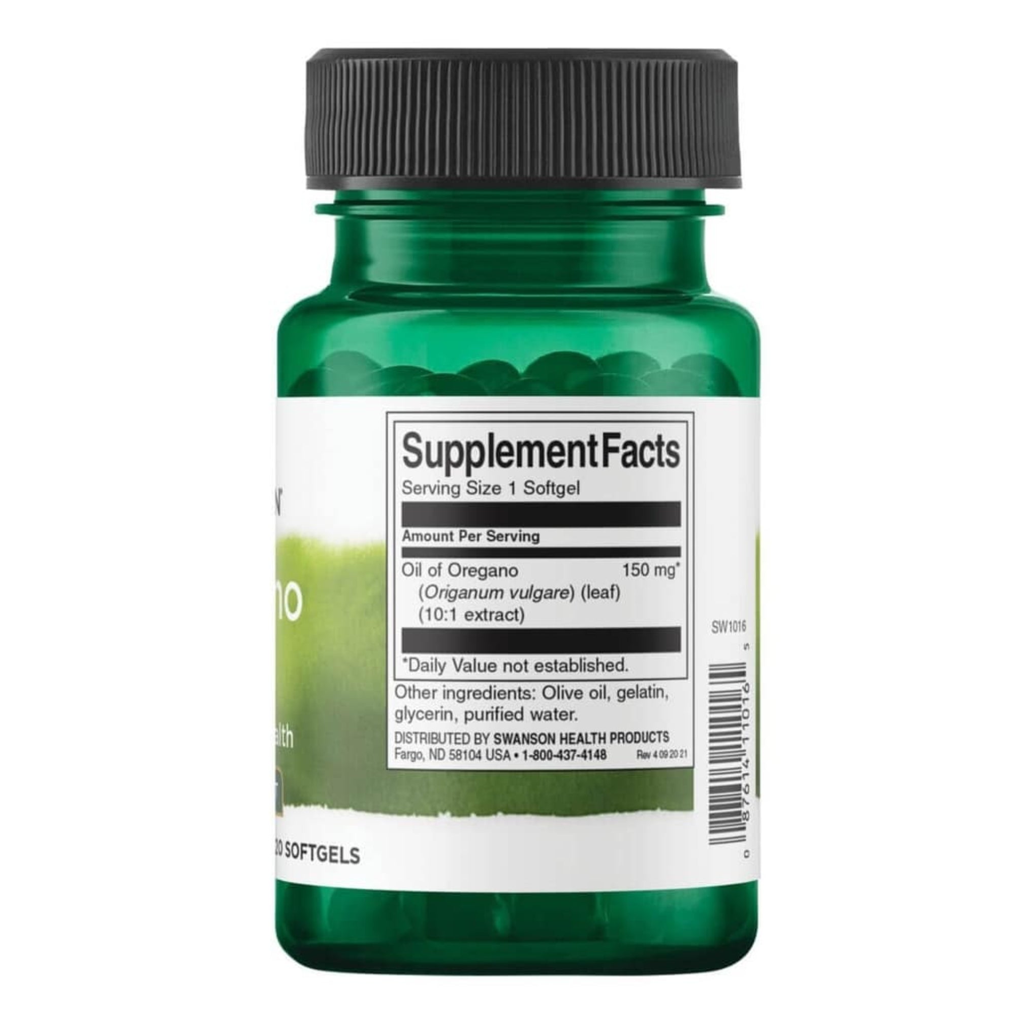 Voedingswaarden en ingrediënten Swanson Oregano-olie Extract 10:1 150mg - etiket met supplement facts