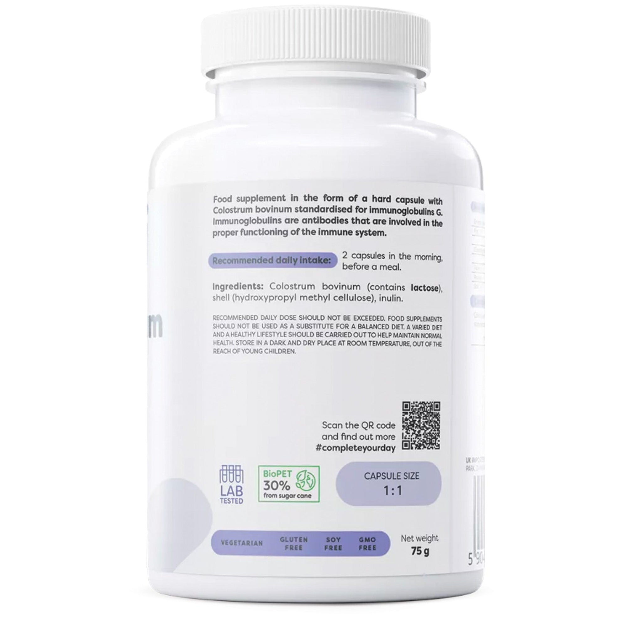 Achterkant Osavi Colostrum 1000mg - ingrediënten en gebruik, colostrum bovinum met immunoglobulinen G