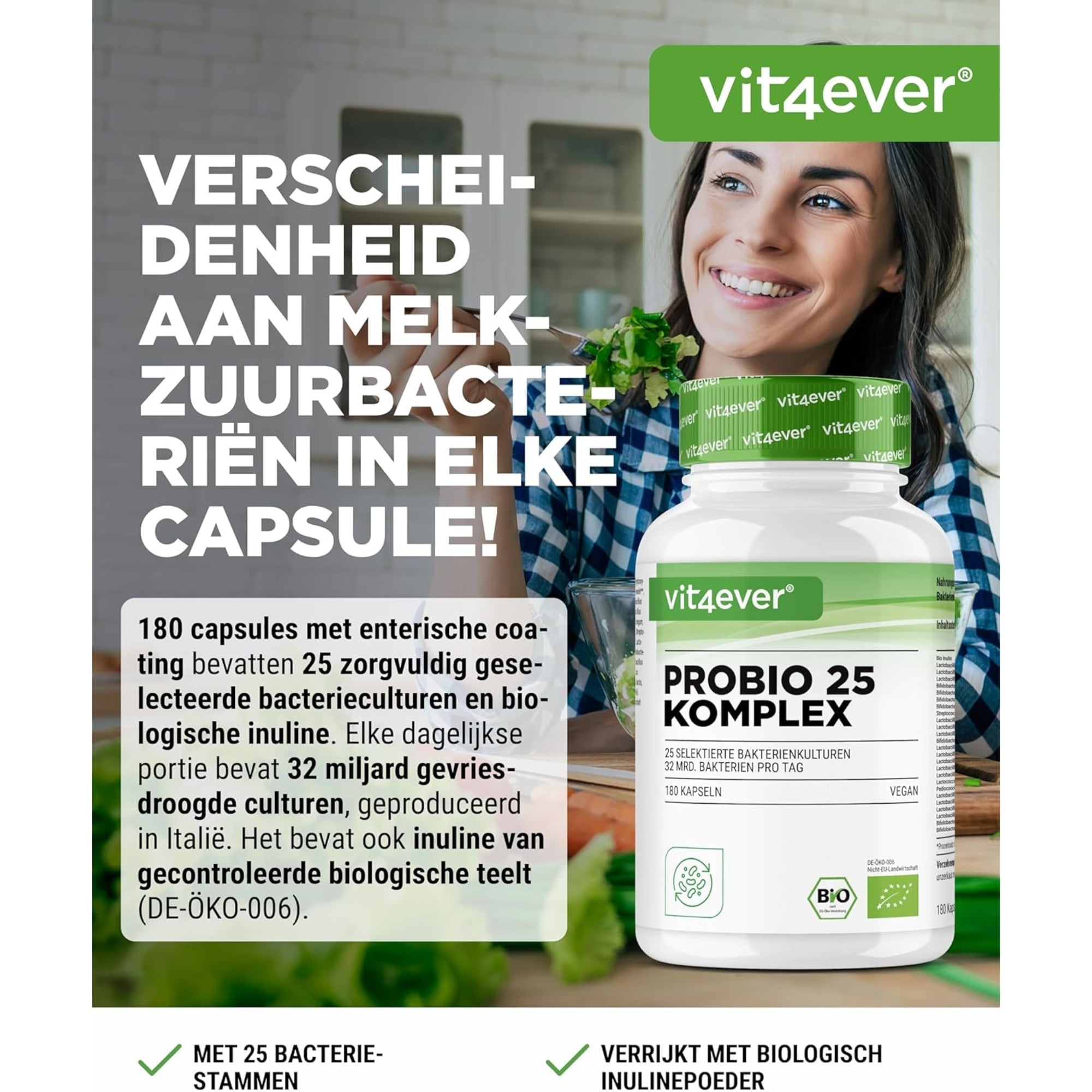 Probiotica Complex (Probio 25) met 25 Bacteriestammen + Bio Inuline 32 miljard KVE | 180 capsules | Vit4ever