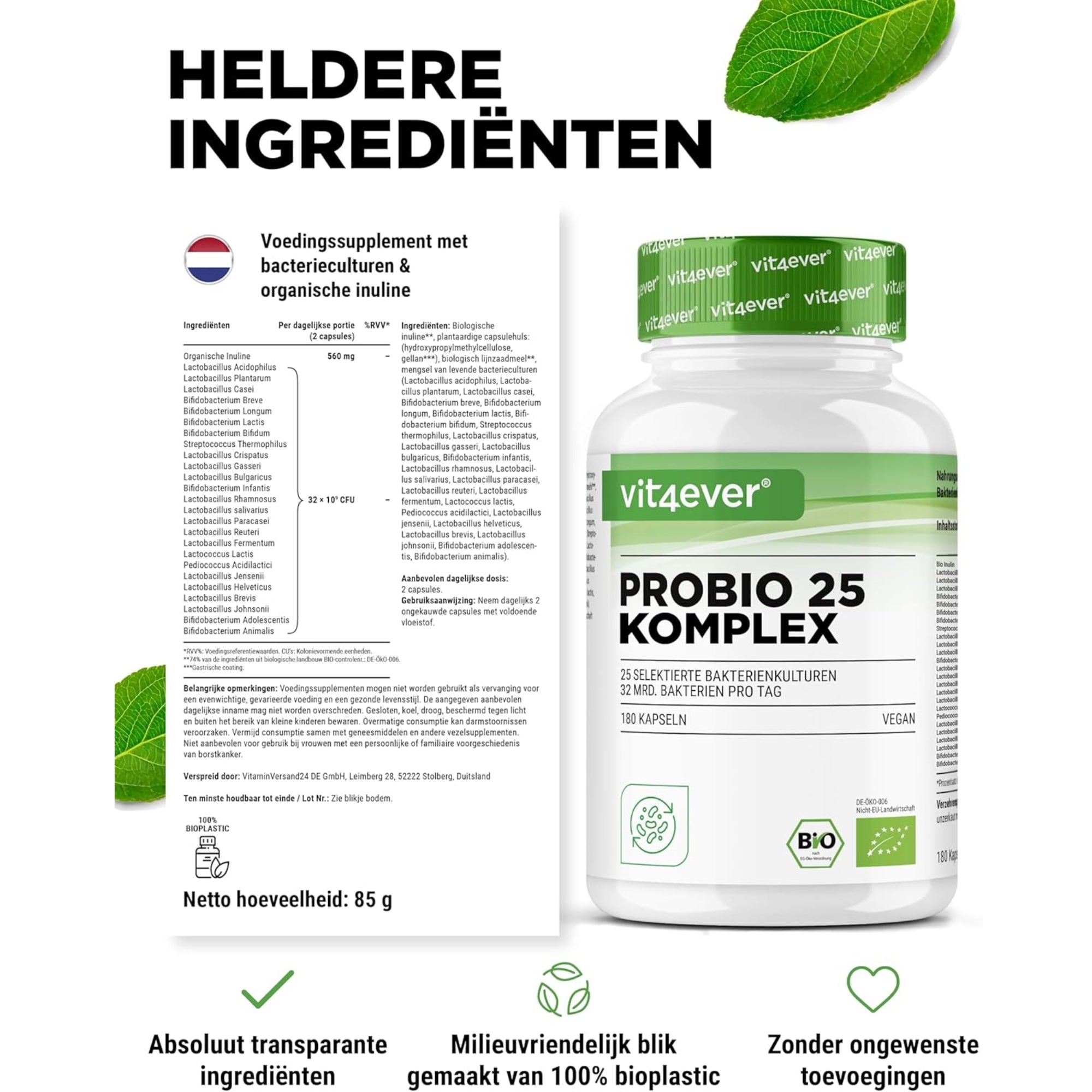 Probiotika-Komplex (Probio 25) mit 25 Bakterienstämmen + Bio-Inulin 32 Milliarden KVE | 180 Kapseln | Vit4ever