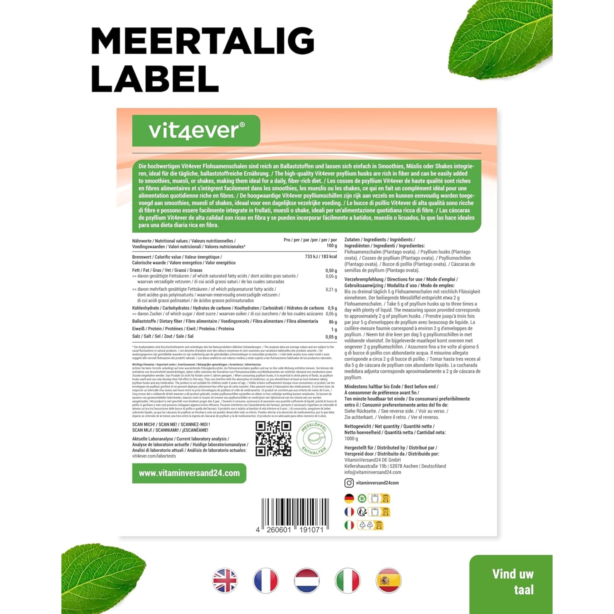 Psylliumvezels (Psyllium Husk) 1000g | Vit4ever