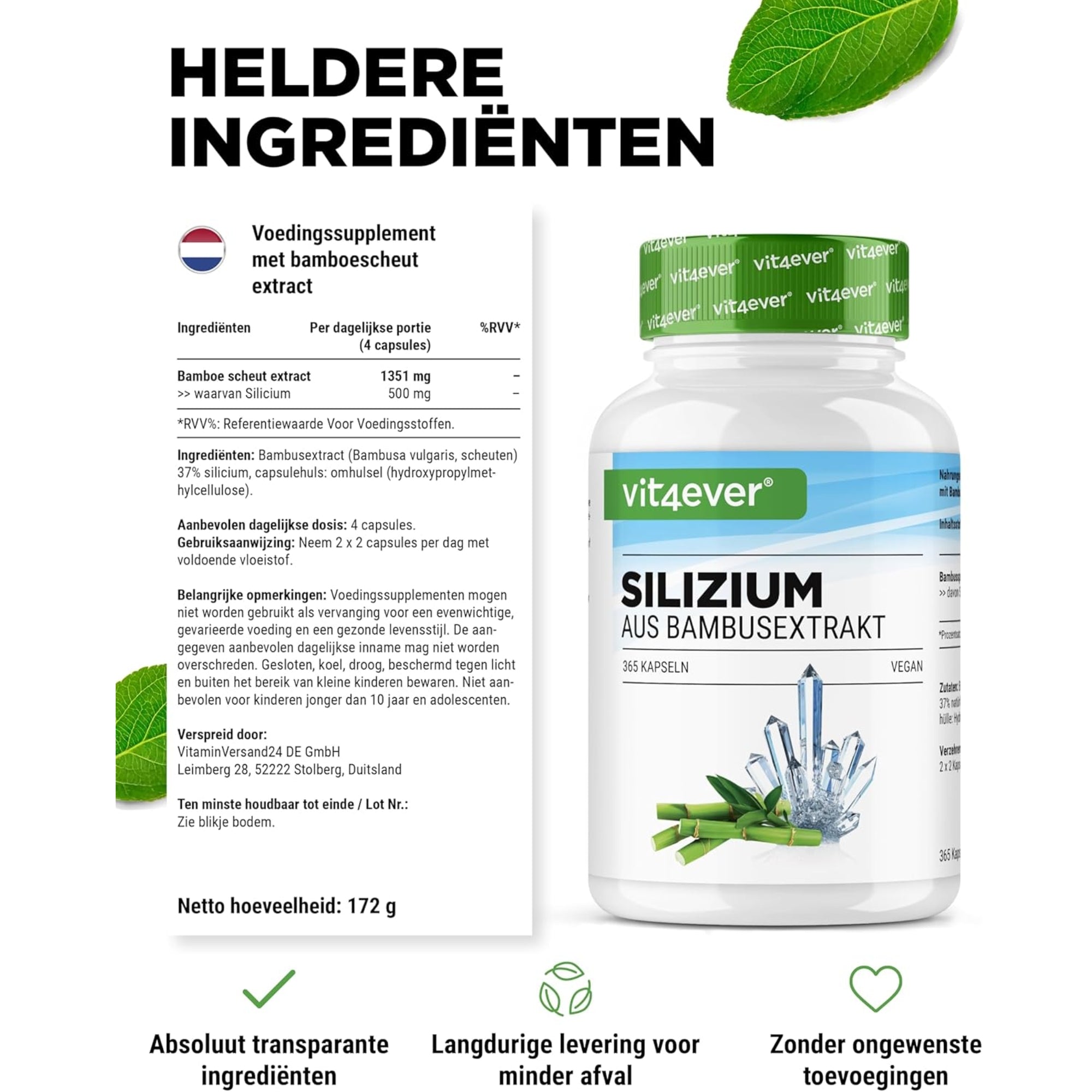 Silizium aus Bambusextrakt 500 mg | 365 Kapseln | Vit4ever