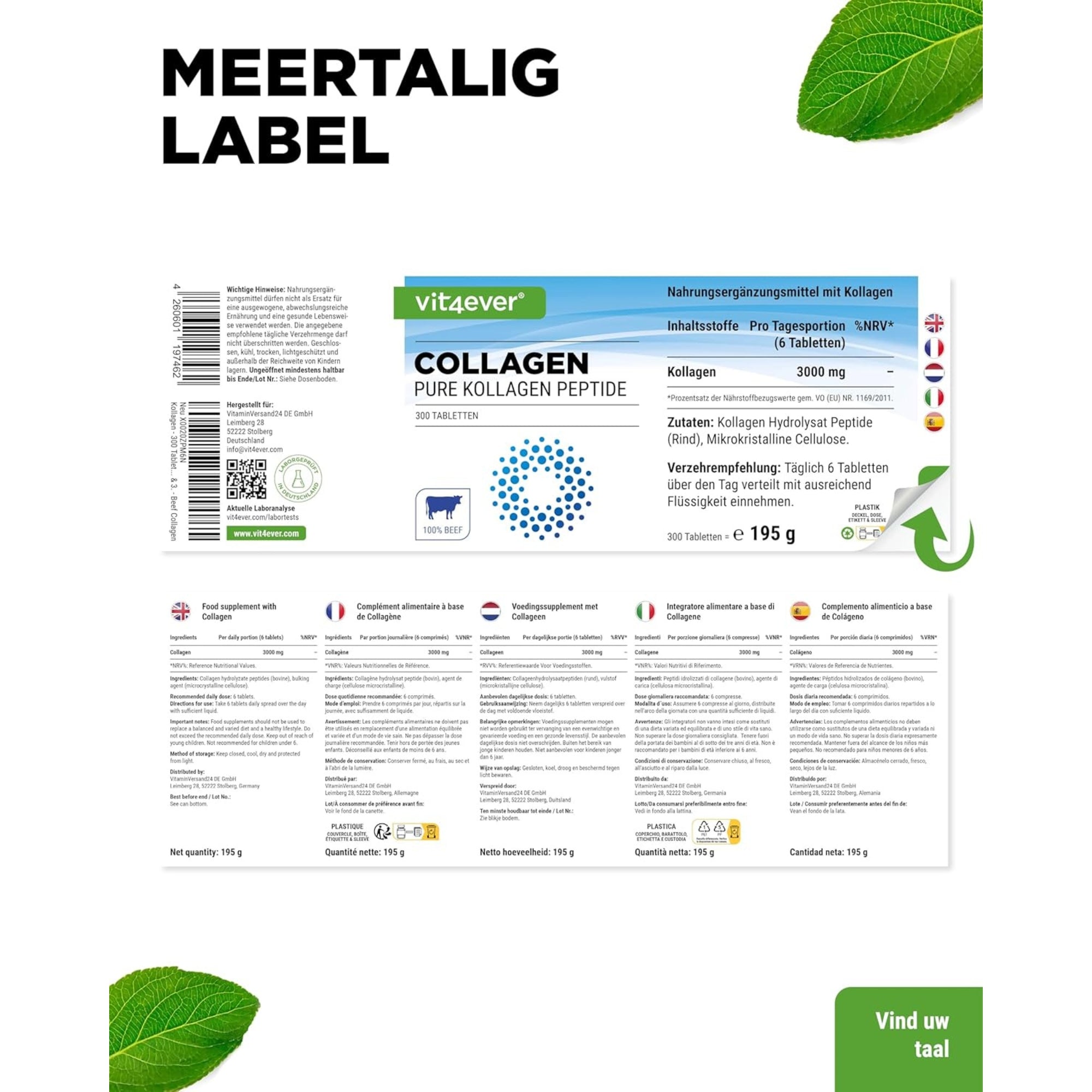 Rinderkollagen 3000 mg | 300 Tabletten | Typ 1, 2 & 3 | Vit4ever