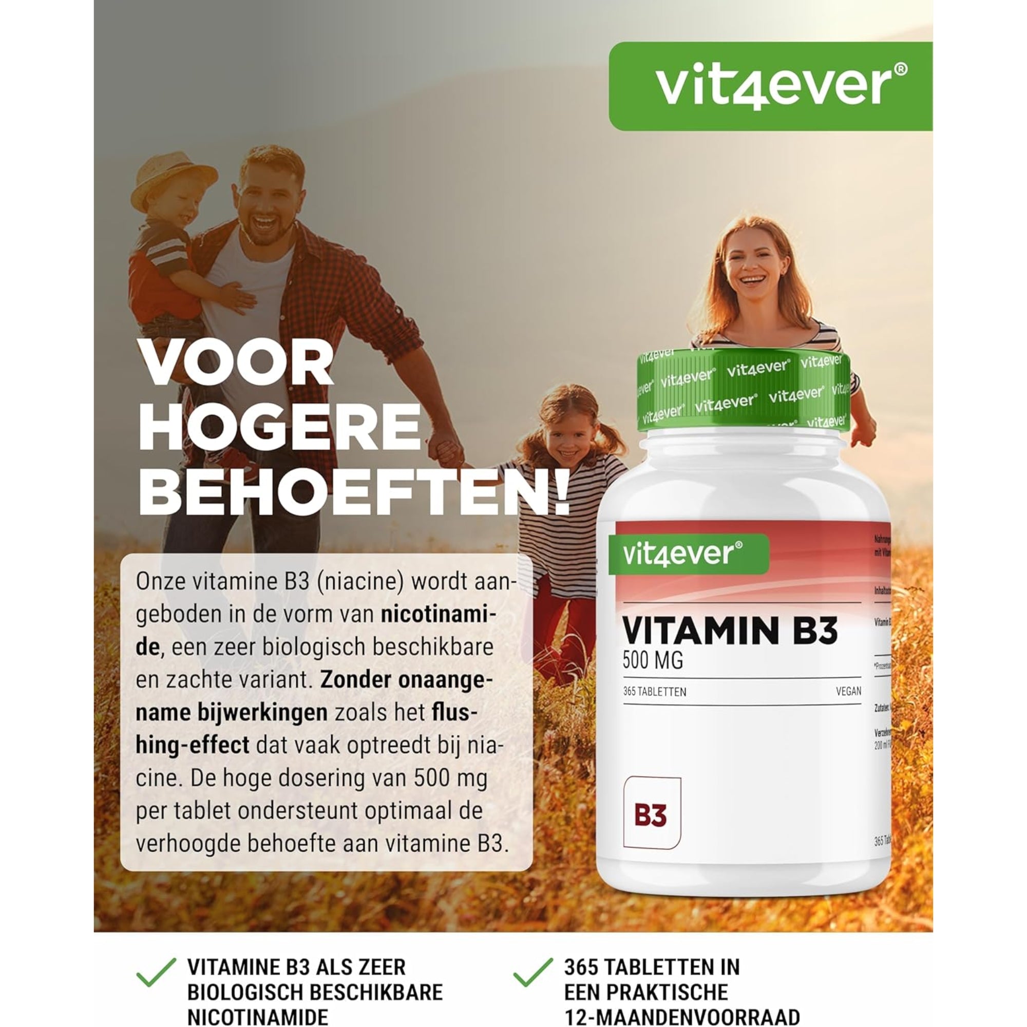 Vitamine B3 (Niacinamide) 500 mg | 365 tabletten | Vit4ever
