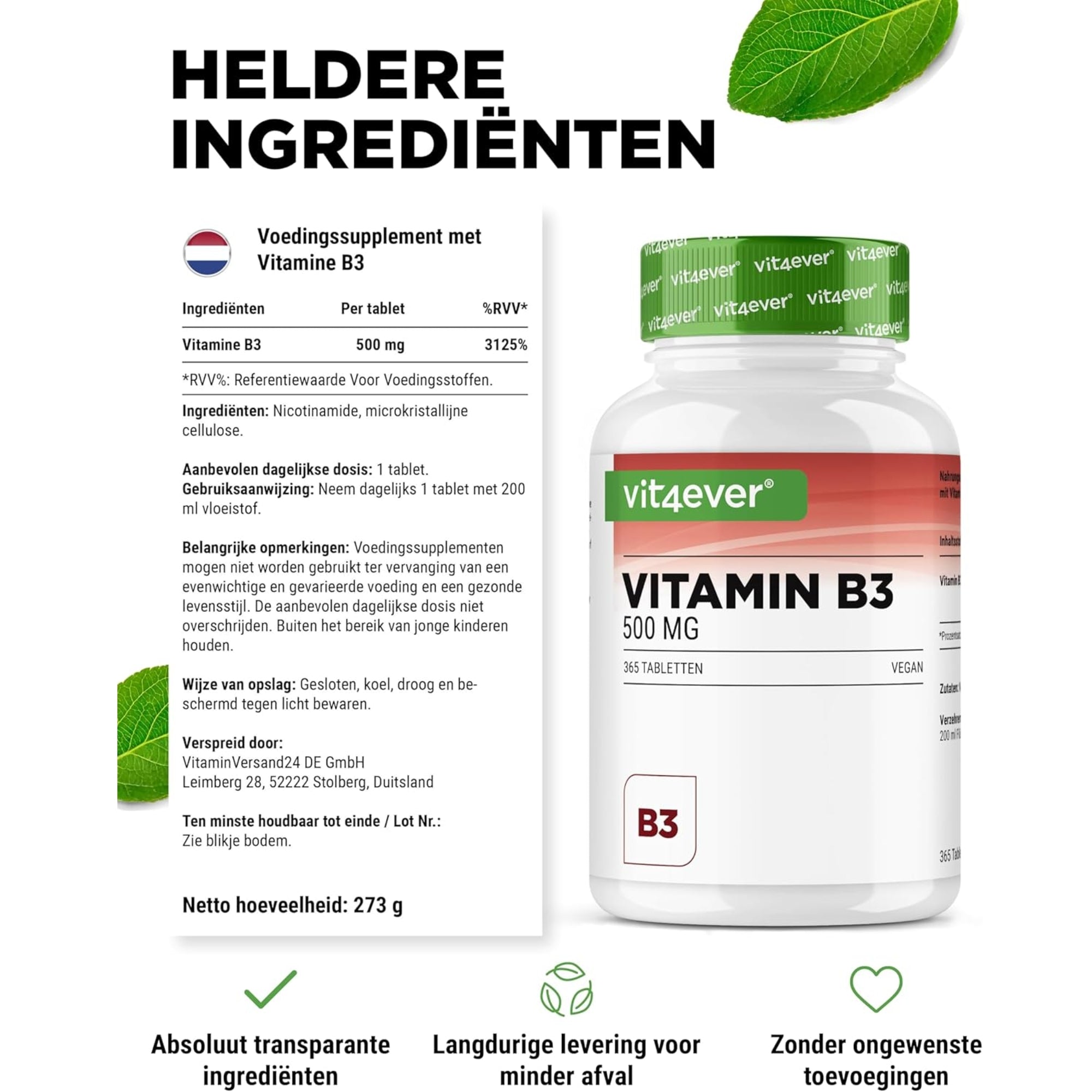 Vitamin B3 (Niacinamid) 500 mg | 365 Tabletten | Vit4ever