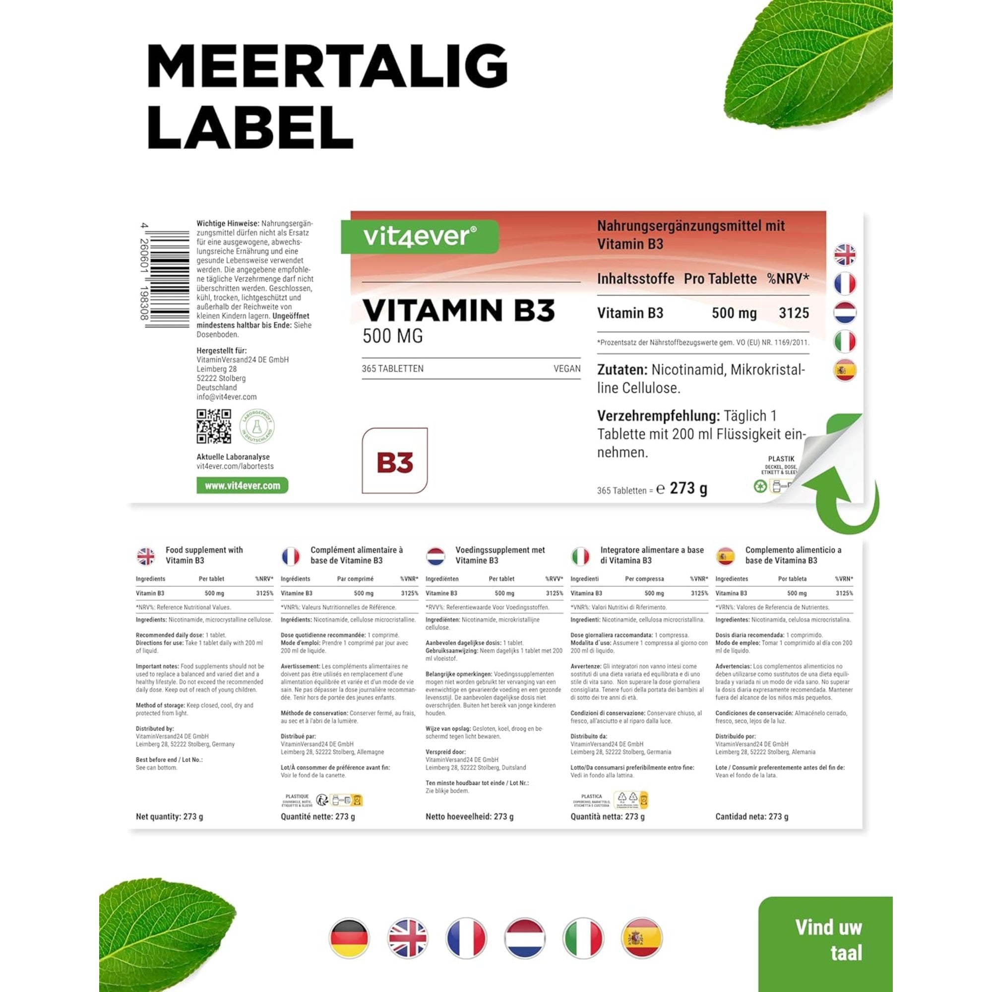 Vitamin B3 (Niacinamid) 500 mg | 365 Tabletten | Vit4ever