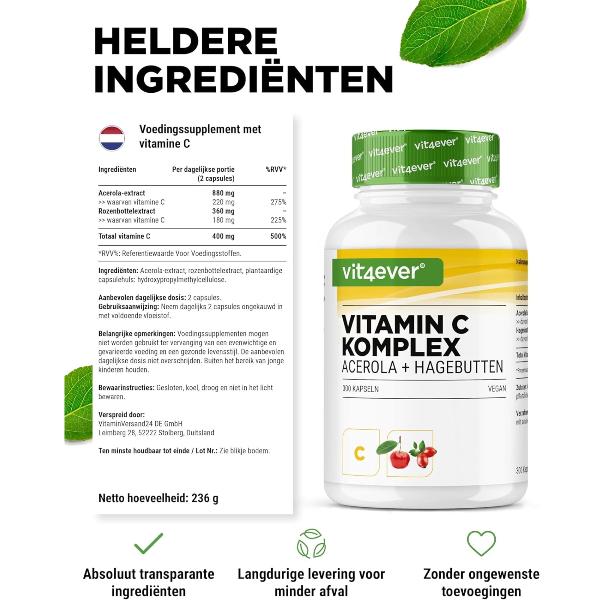 Vitamin-C-Komplex (Acerola + Hagebutte) | 300 Kapseln | Vit4ever