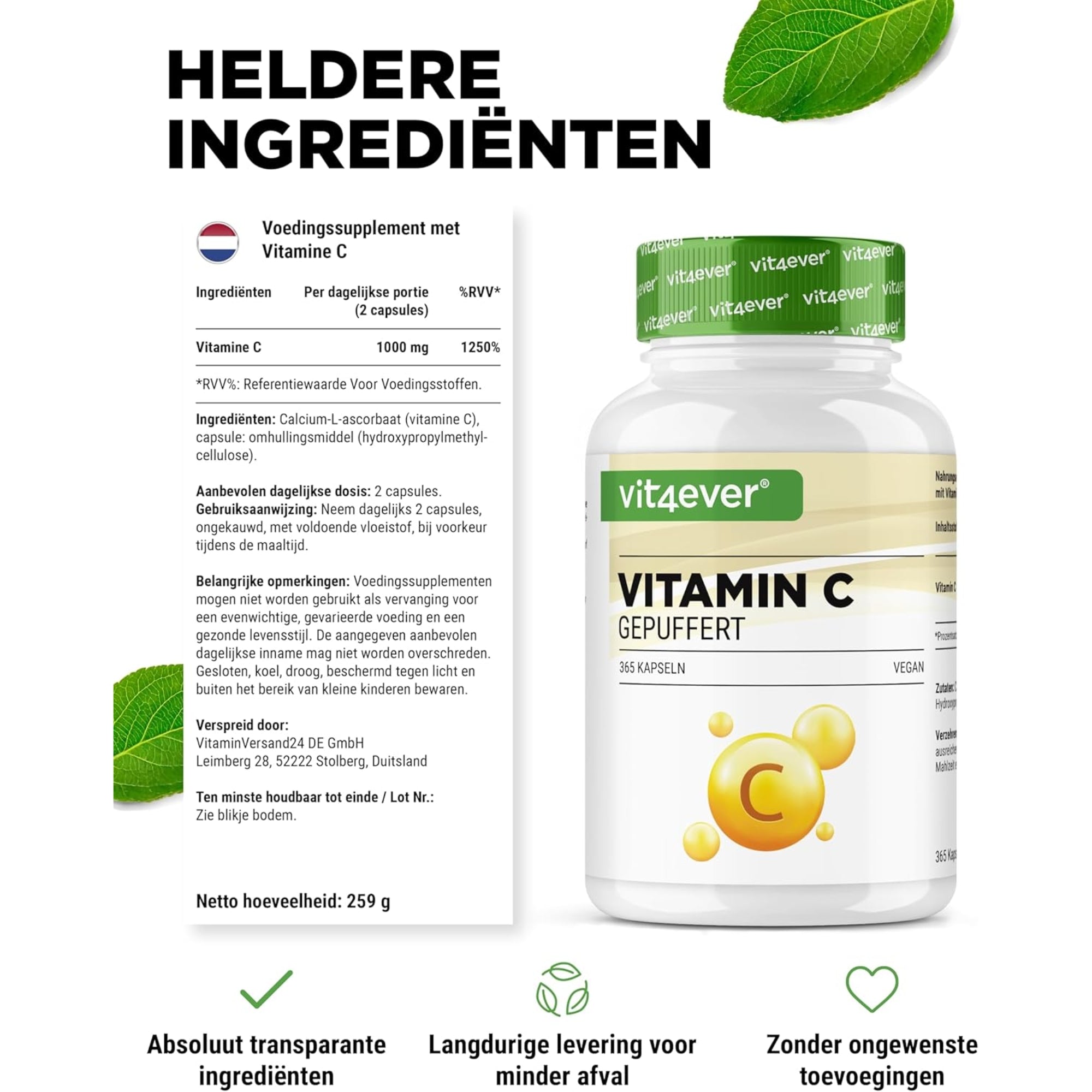 Gebufferde Vitamine C | 1000mg | 365 Capsules | Plantaardige fermentatie | pH Neutraal | Vit4ever