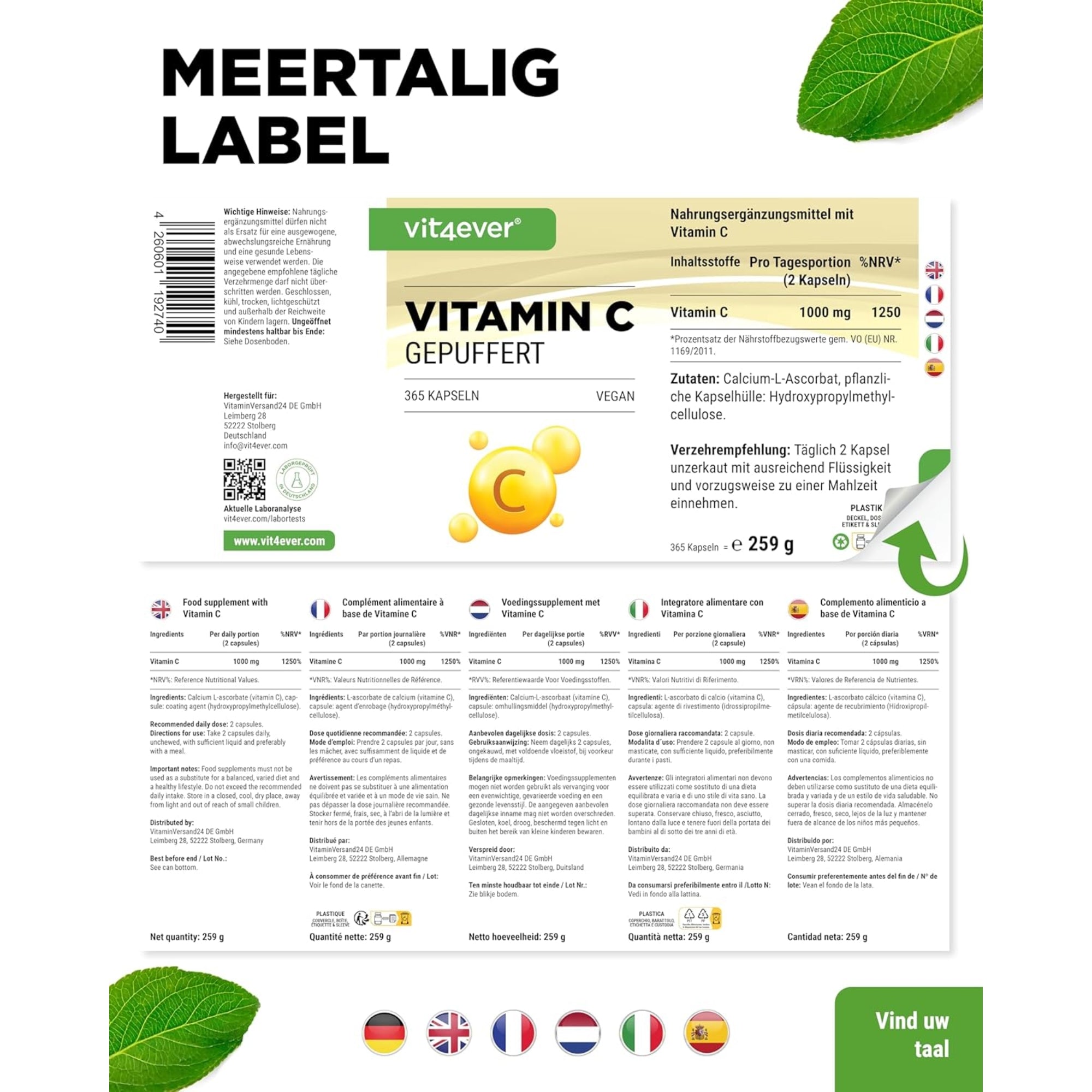 Gebufferde Vitamine C | 1000mg | 365 Capsules | Plantaardige fermentatie | pH Neutraal | Vit4ever