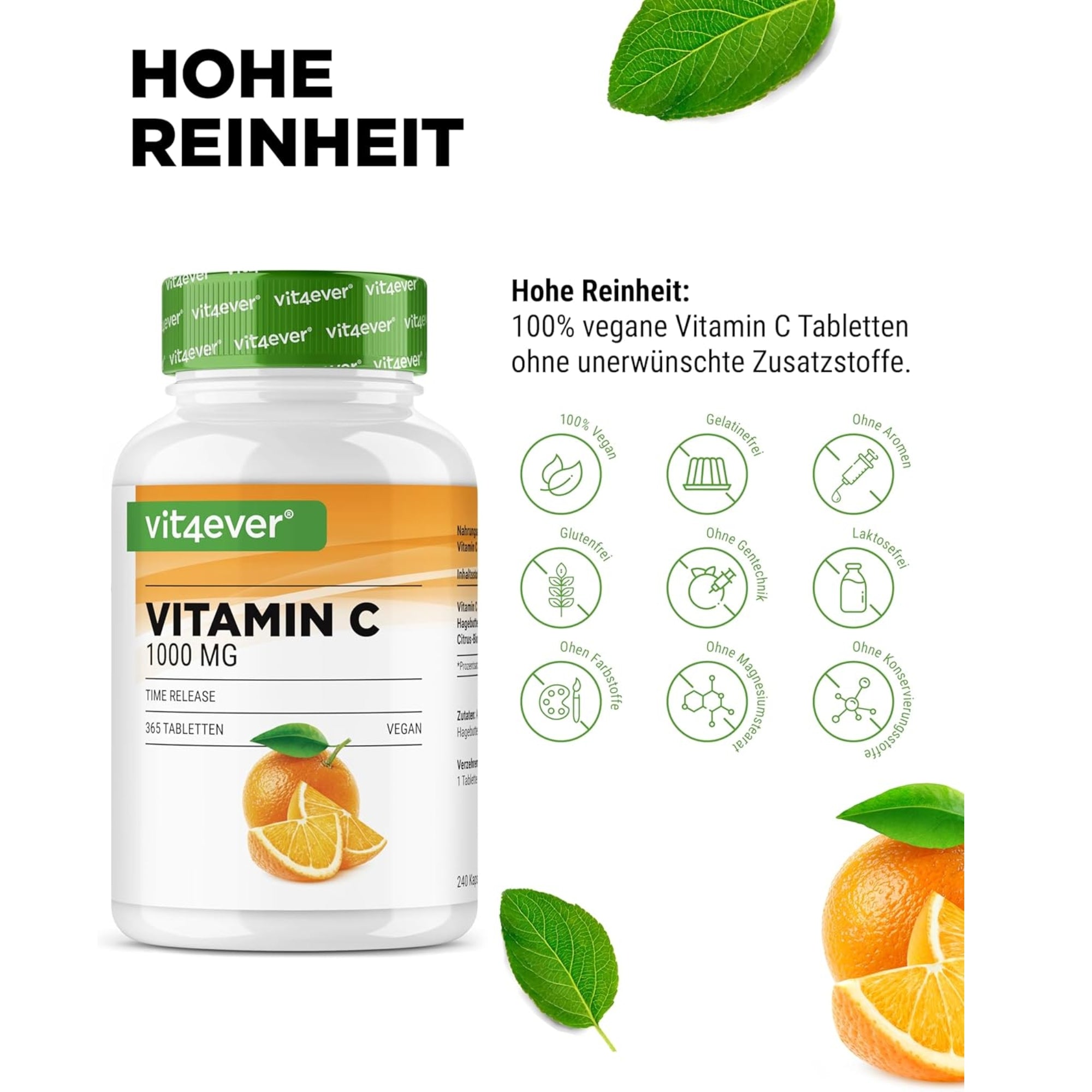 Vitamin C + Hagebuttenextrakt + Citrus-Bioflavonoide | 1000 mg | 365 Tabletten | Vit4ever