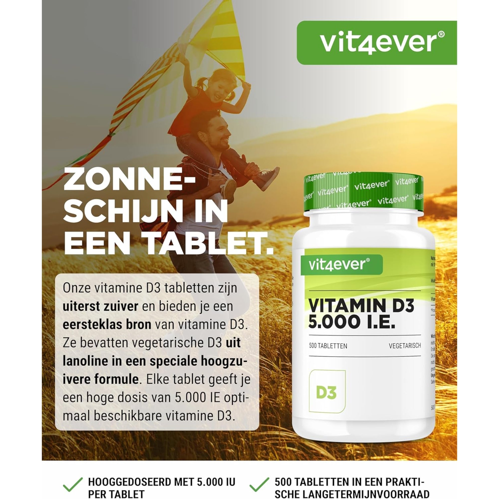 Vitamine D3 5.000IE | 5.000 I.E. | 500 tabletten | vit4ever