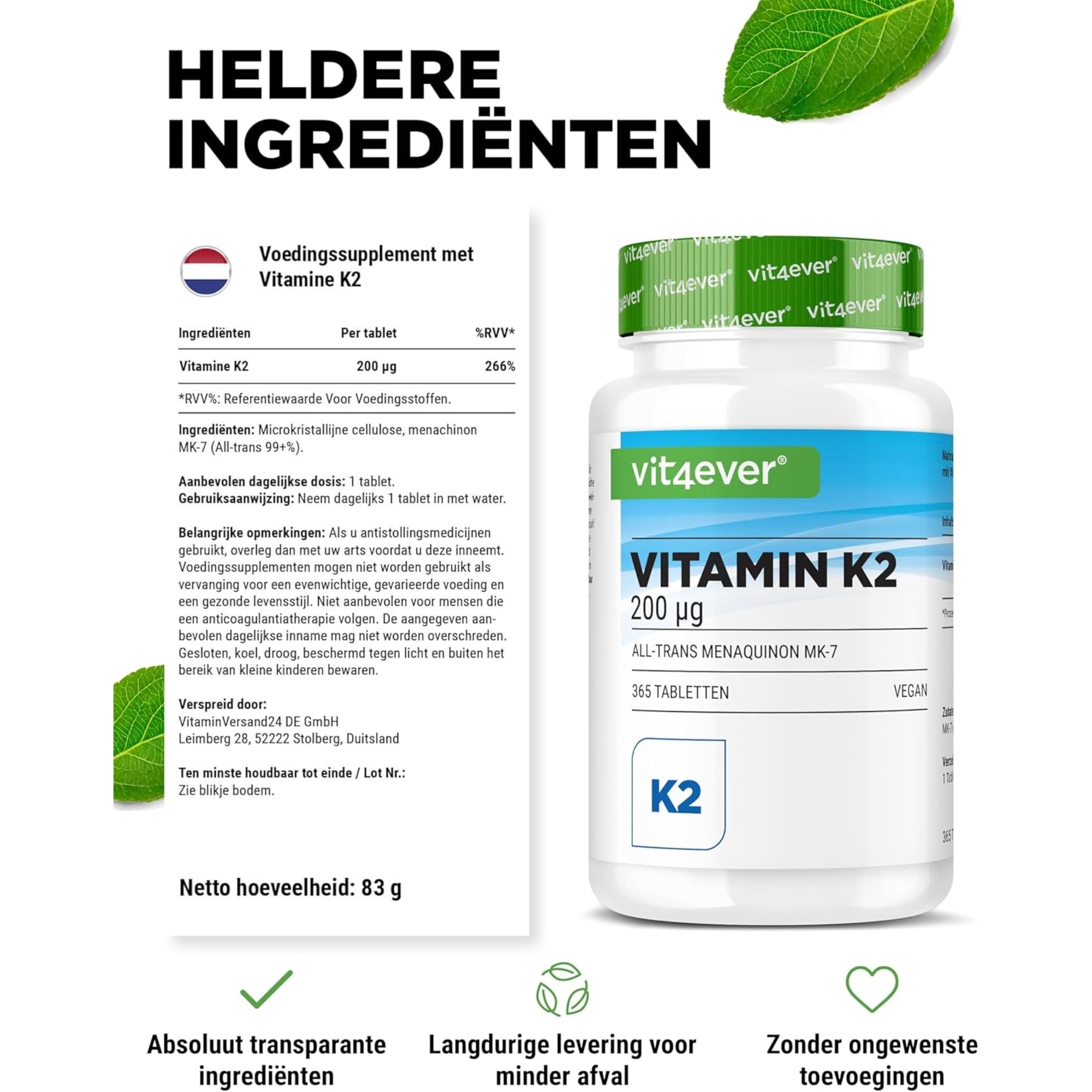 Vitamine K2 (Menaquinon MK-7, All-Trans) 200mcg | 365 tabletten | Vit4ever