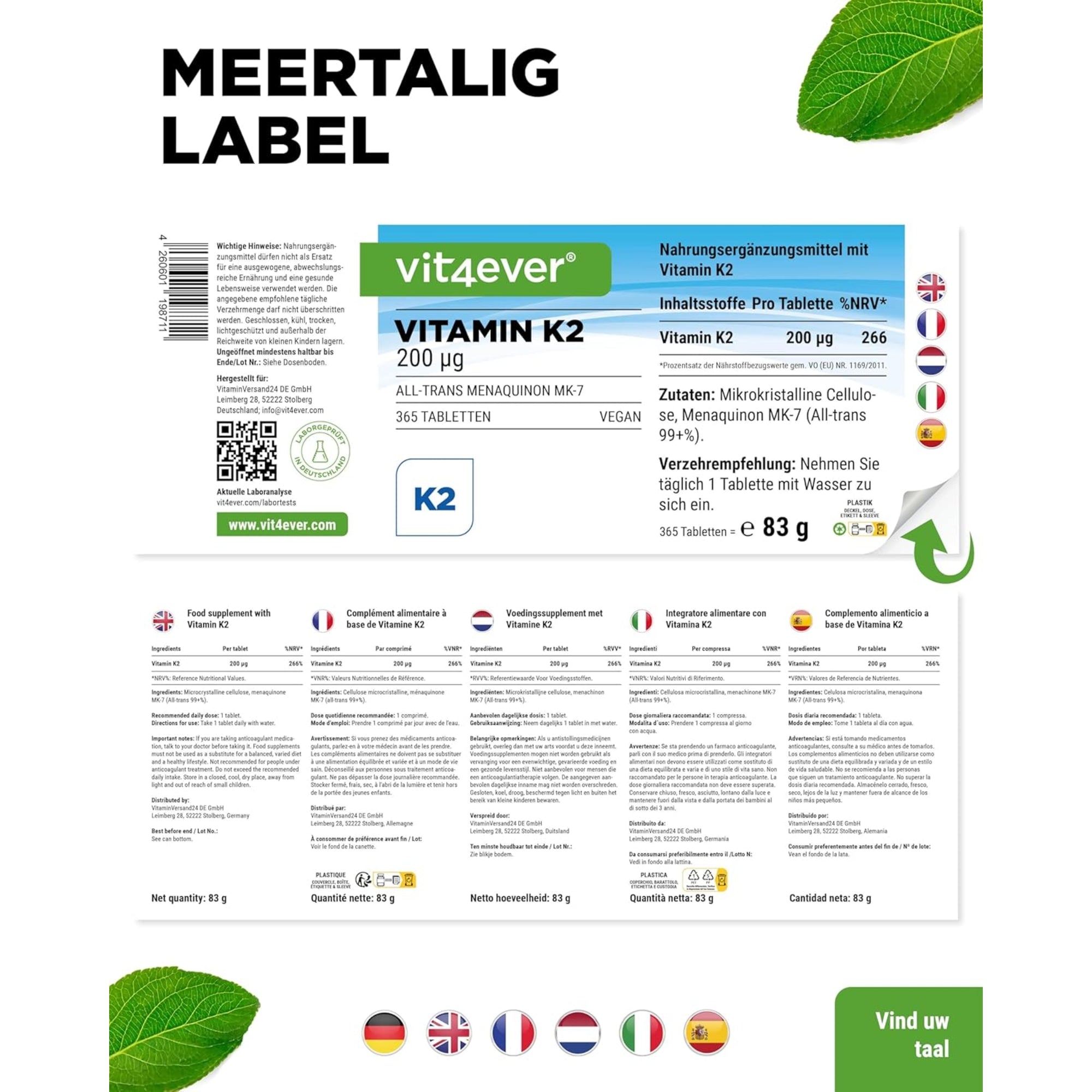 Vitamine K2 (Menaquinon MK-7, All-Trans) 200mcg | 365 tabletten | Vit4ever