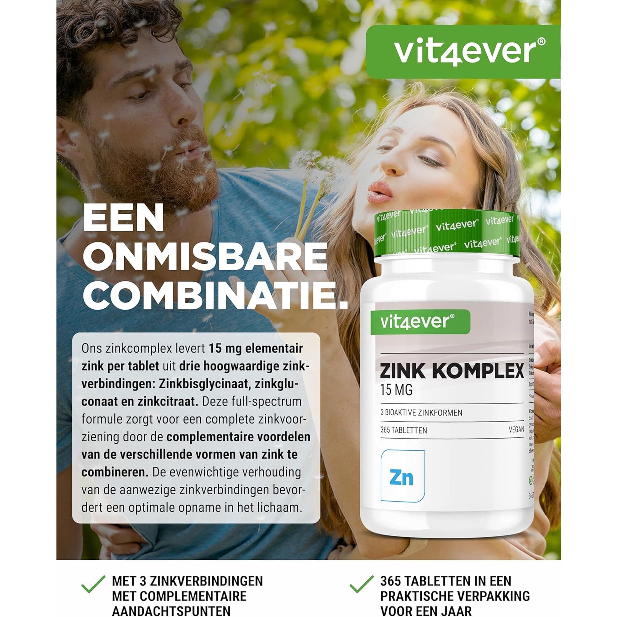 Zink Complex (zinkbisglycinaat, zinkcitraat en zinkgluconaat) | 15mg of 25mg | 365 tabletten | Vit4ever