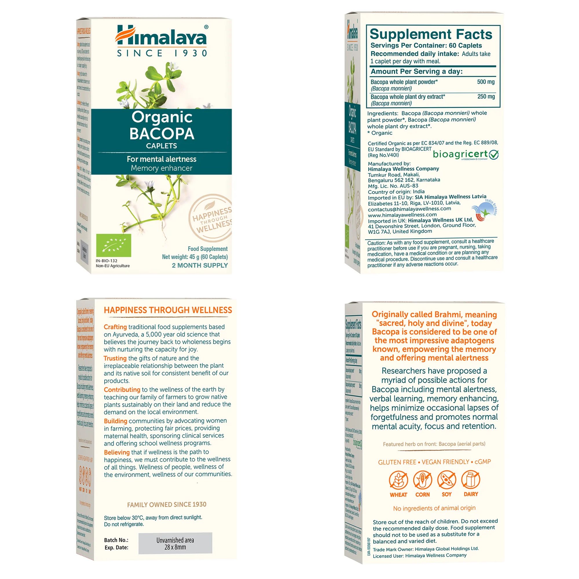 Himalaya Organic Bacopa verpakking met supplement facts op alle zijden