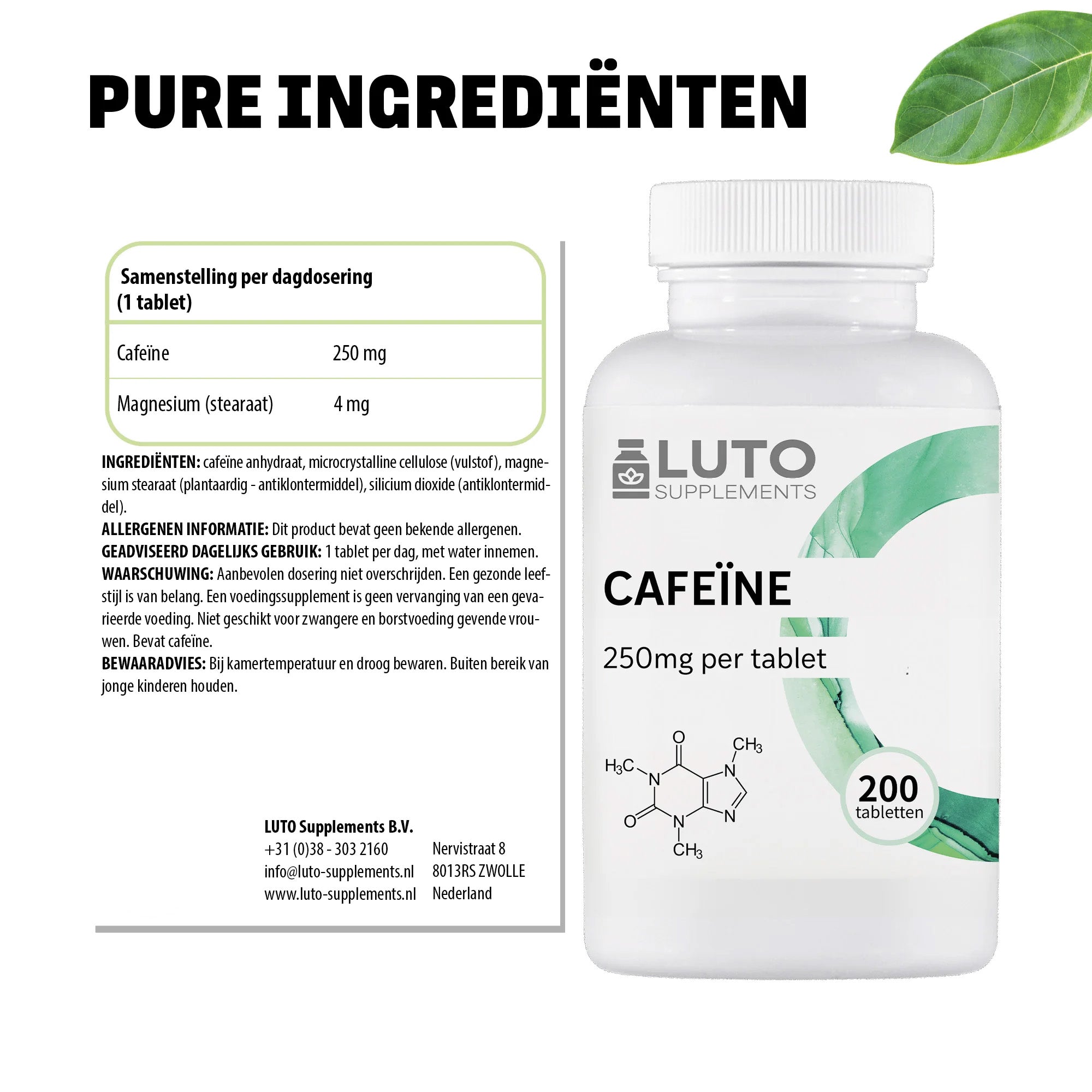 Cafeïne tabletten 250mg | 200 tabletten | LUTO Supplements