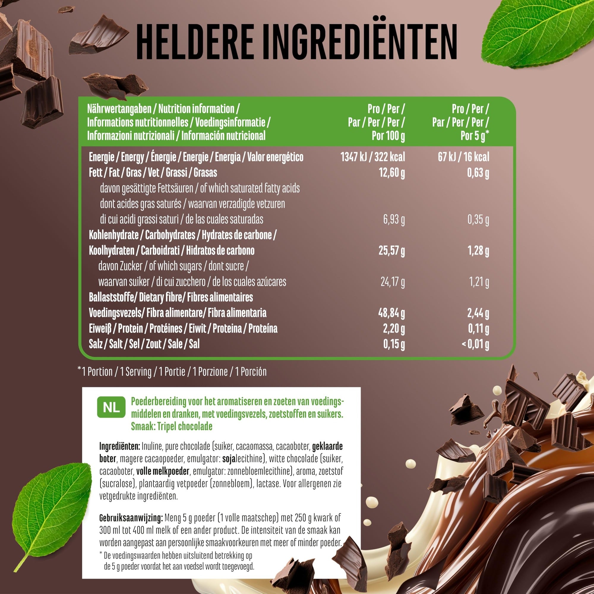 Voedingswaarden en ingrediënten Vit4ever Flavor Craft Drievoudige chocolade smaakpoeder 250 g