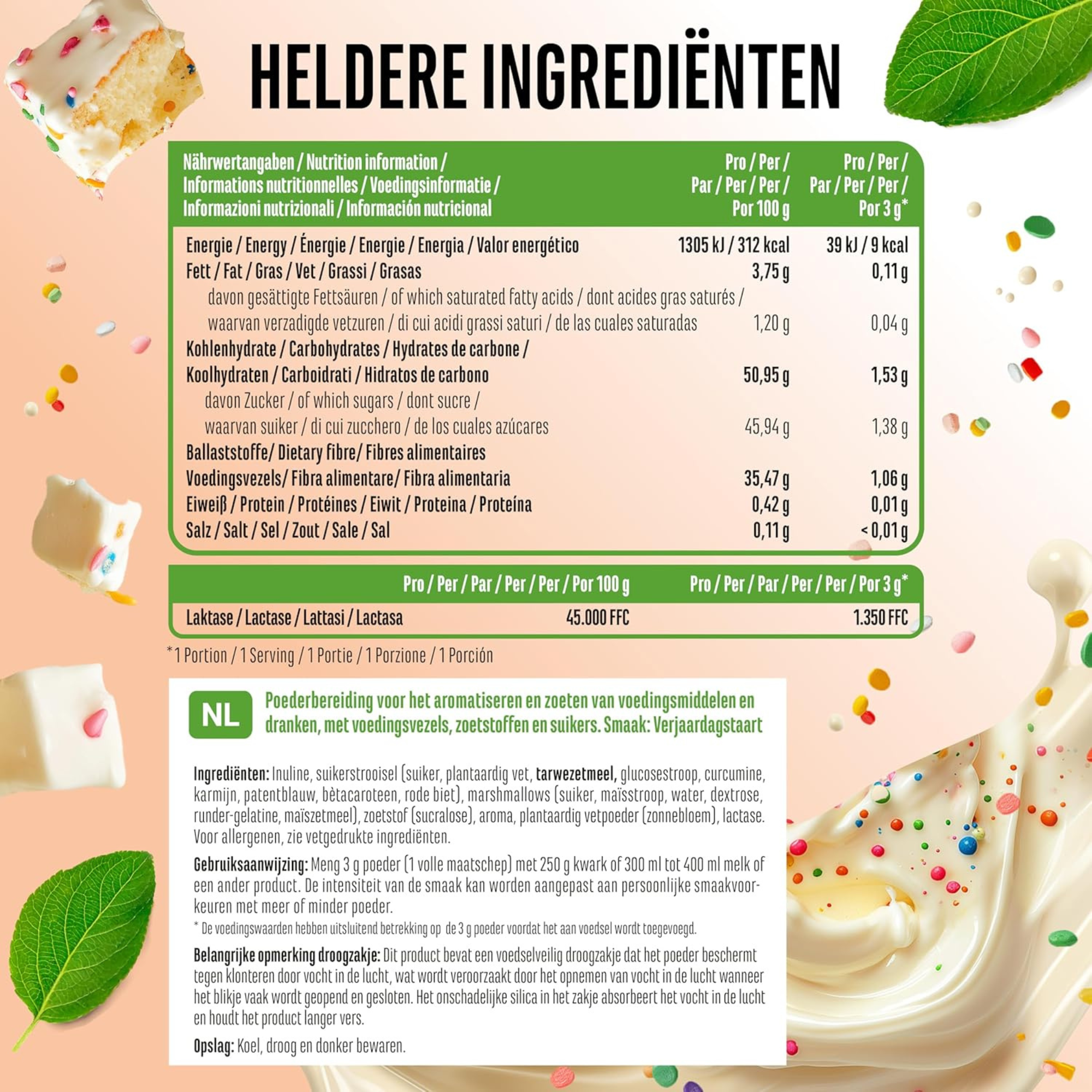 Voedingswaarden en ingrediënten Vit4ever Flavor Craft Verjaardagstaart smaakpoeder 250 g