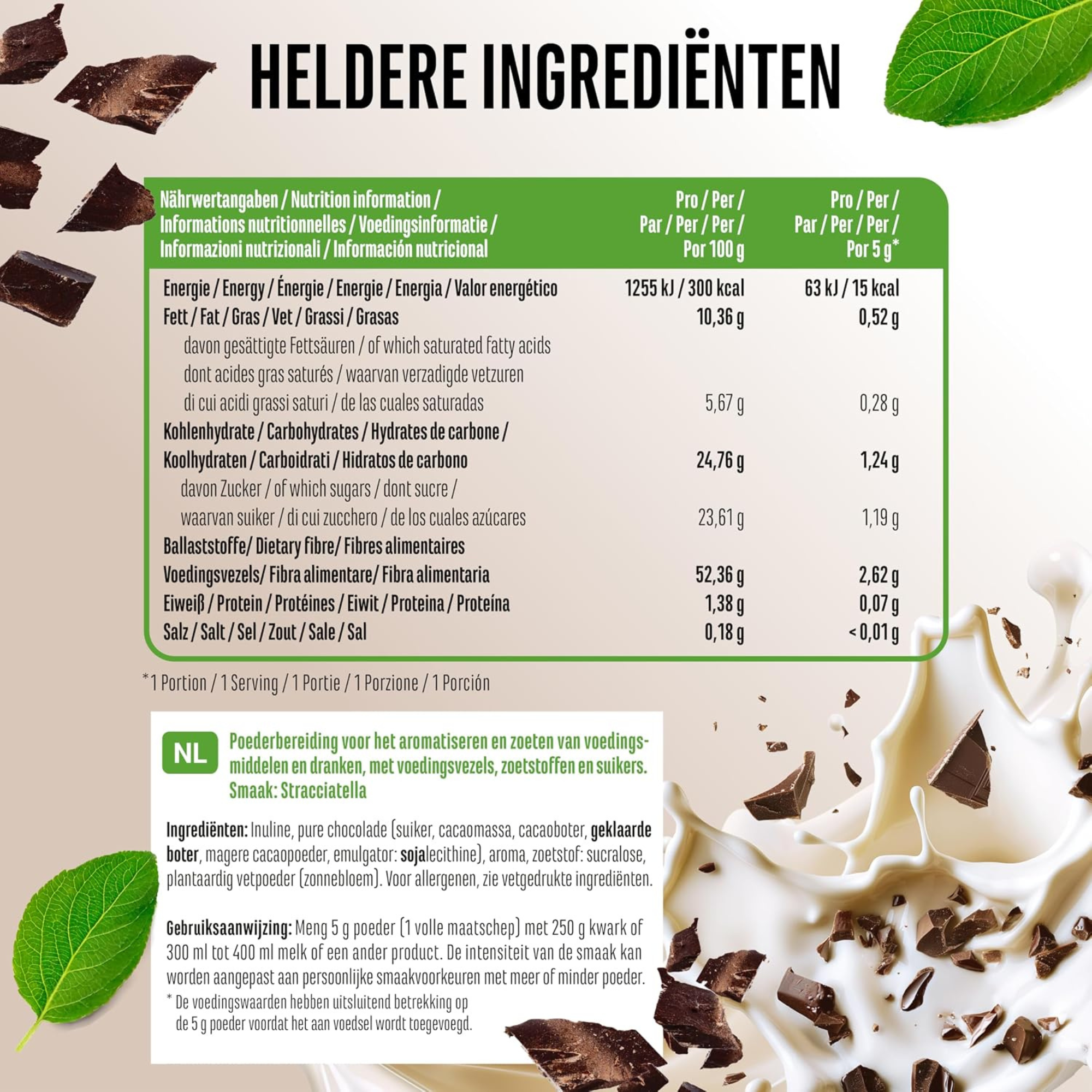 Voedingswaarden en ingrediënten Vit4ever Flavor Craft Stracciatella smaakpoeder 250 g