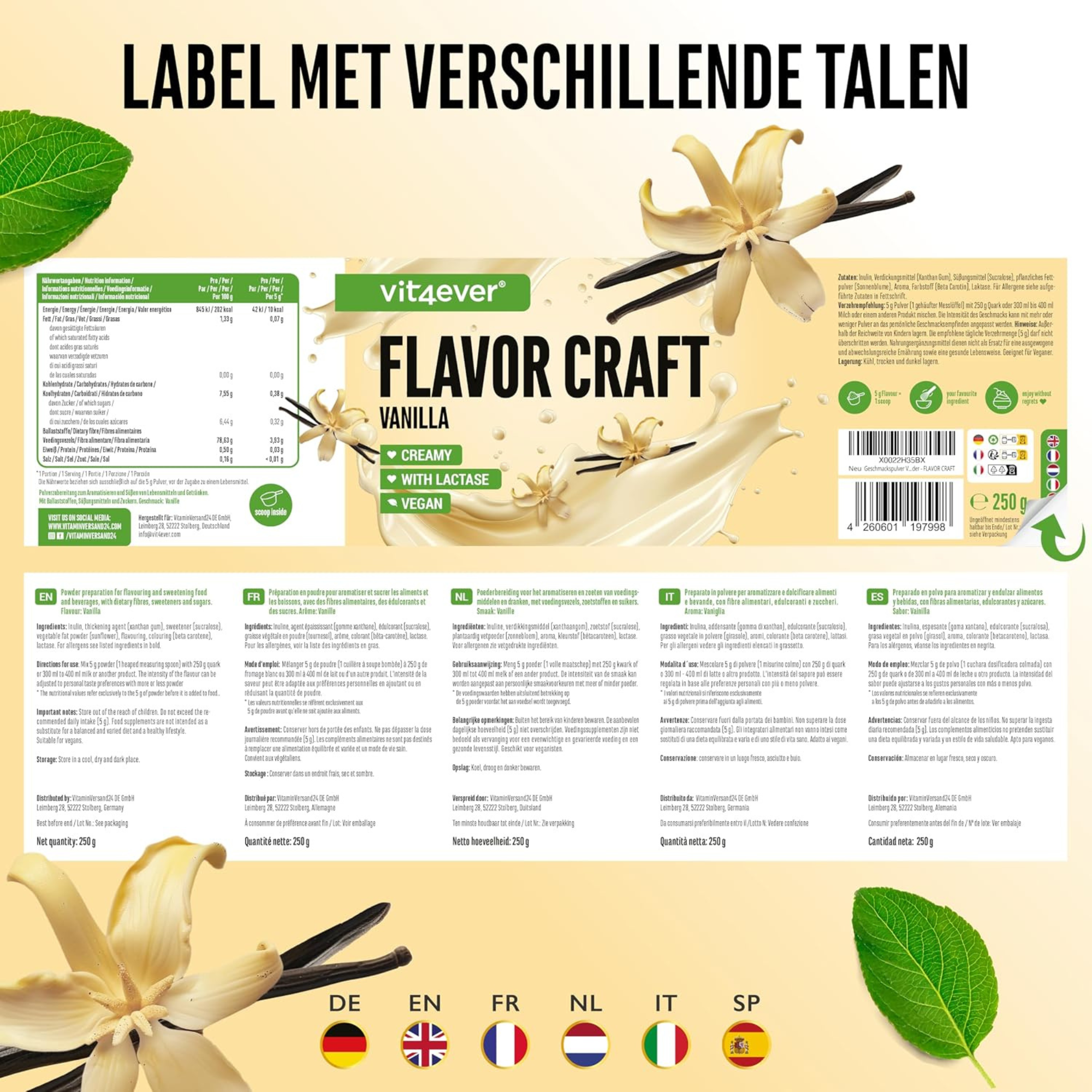 Etiket en ingrediënten Vit4ever Flavor Craft Vanille smaakpoeder 250 g